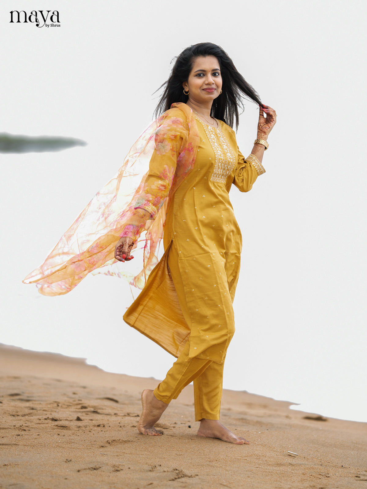 Mustrad Slub Cotton 3pc Salwar Suit with Sequins Floral work - Top, Bottom & Dupatta
