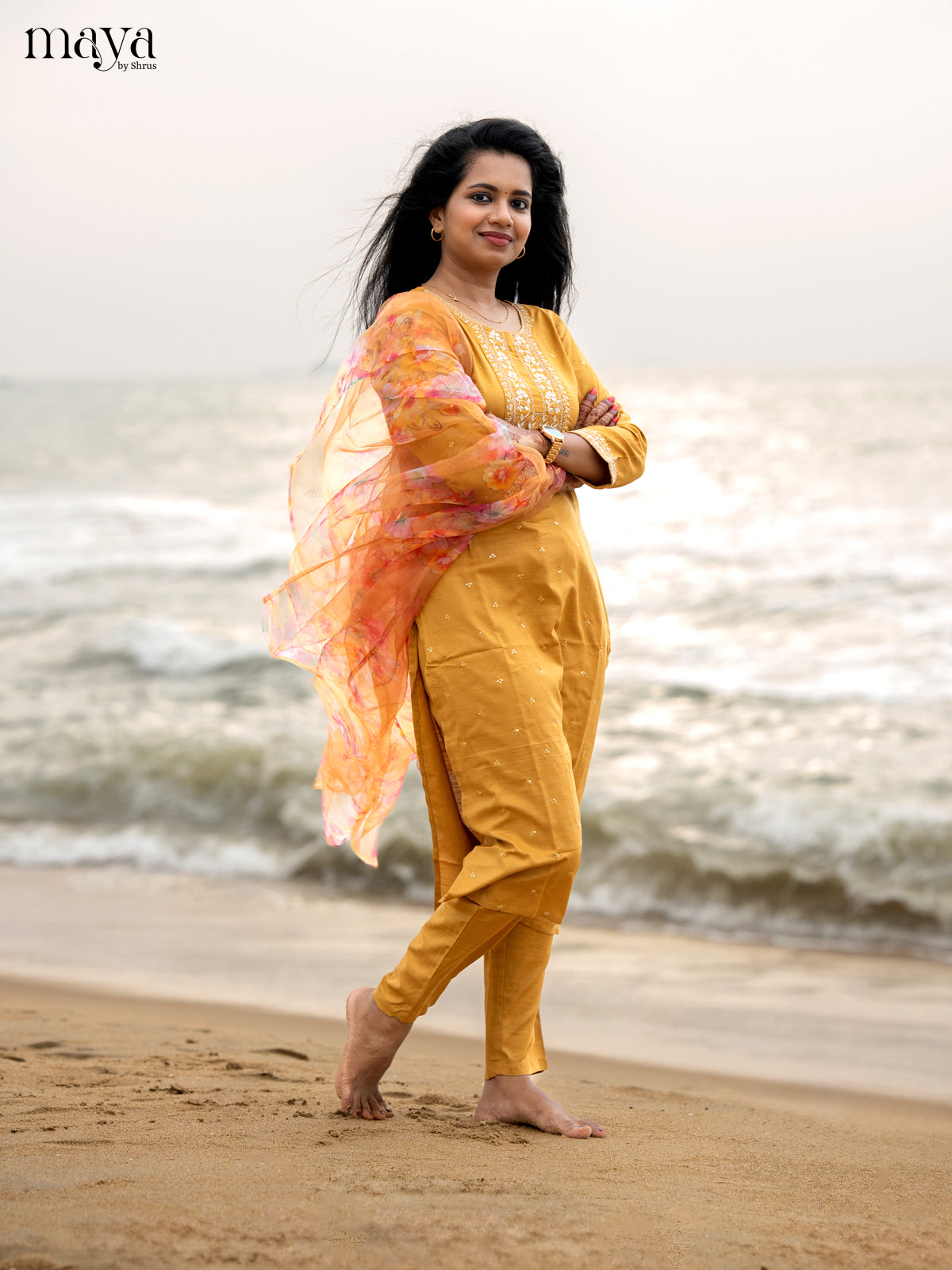 Mustrad Slub Cotton 3pc Salwar Suit with Sequins Floral work - Top, Bottom & Dupatta