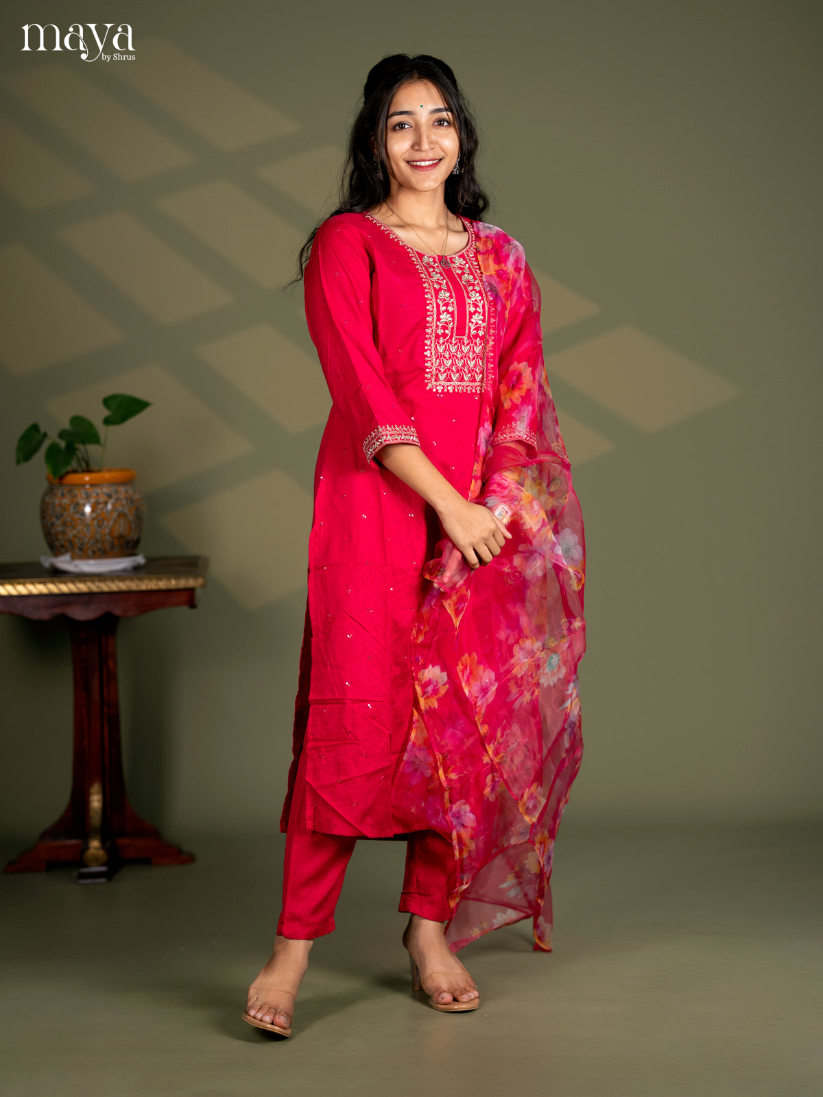 Pink Slub Cotton 3pc Salwar Suit Sequins with Floral work - Top, Bottom & Dupatta