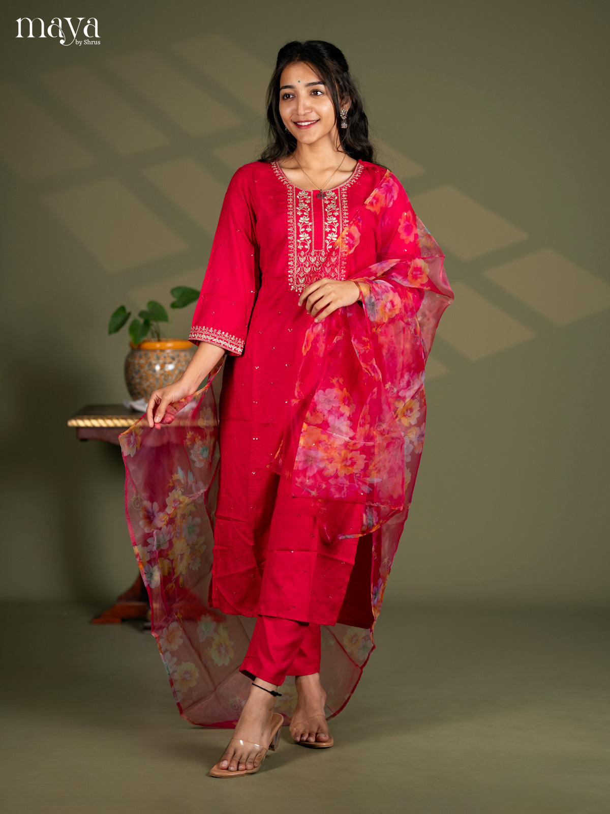 Pink Slub Cotton 3pc Salwar Suit Sequins with Floral work - Top, Bottom & Dupatta