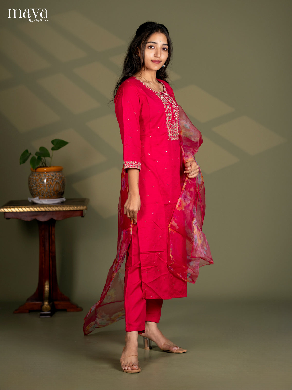Pink Slub Cotton 3pc Salwar Suit Sequins with Floral work - Top, Bottom & Dupatta