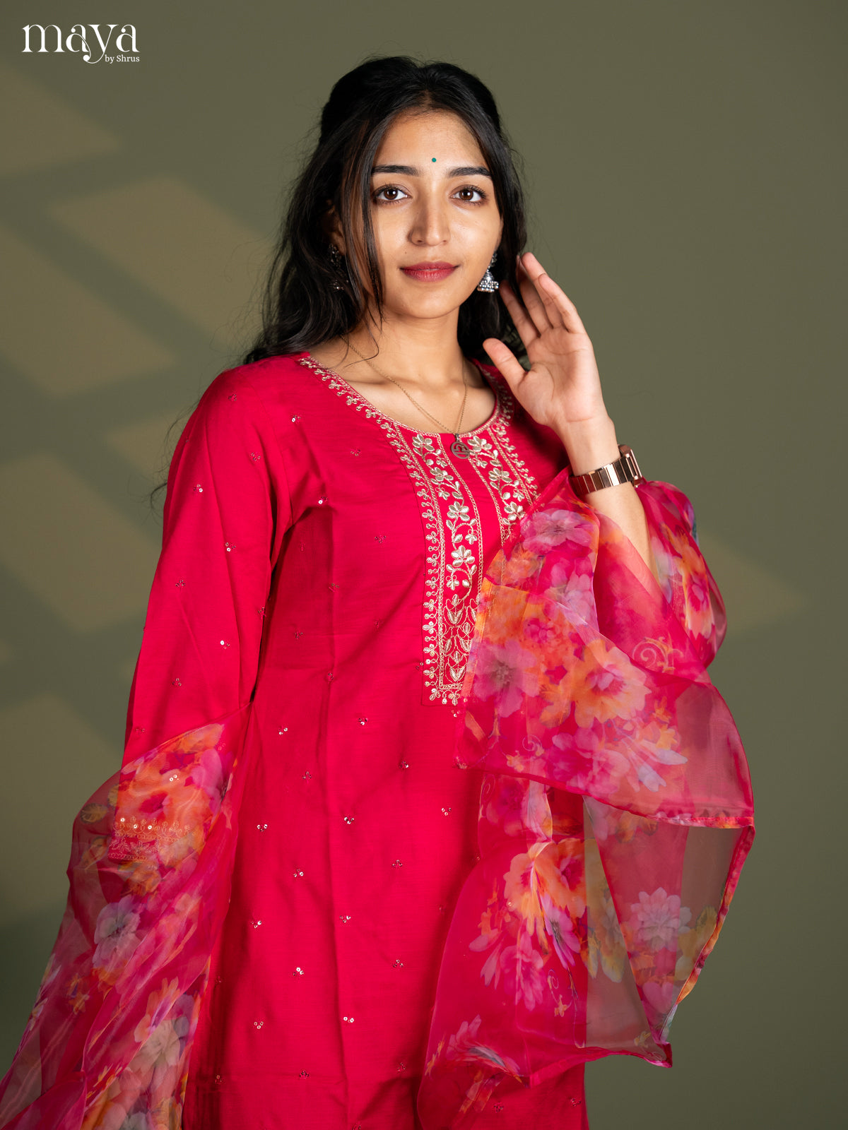 Pink Slub Cotton 3pc Salwar Suit Sequins with Floral work - Top, Bottom & Dupatta