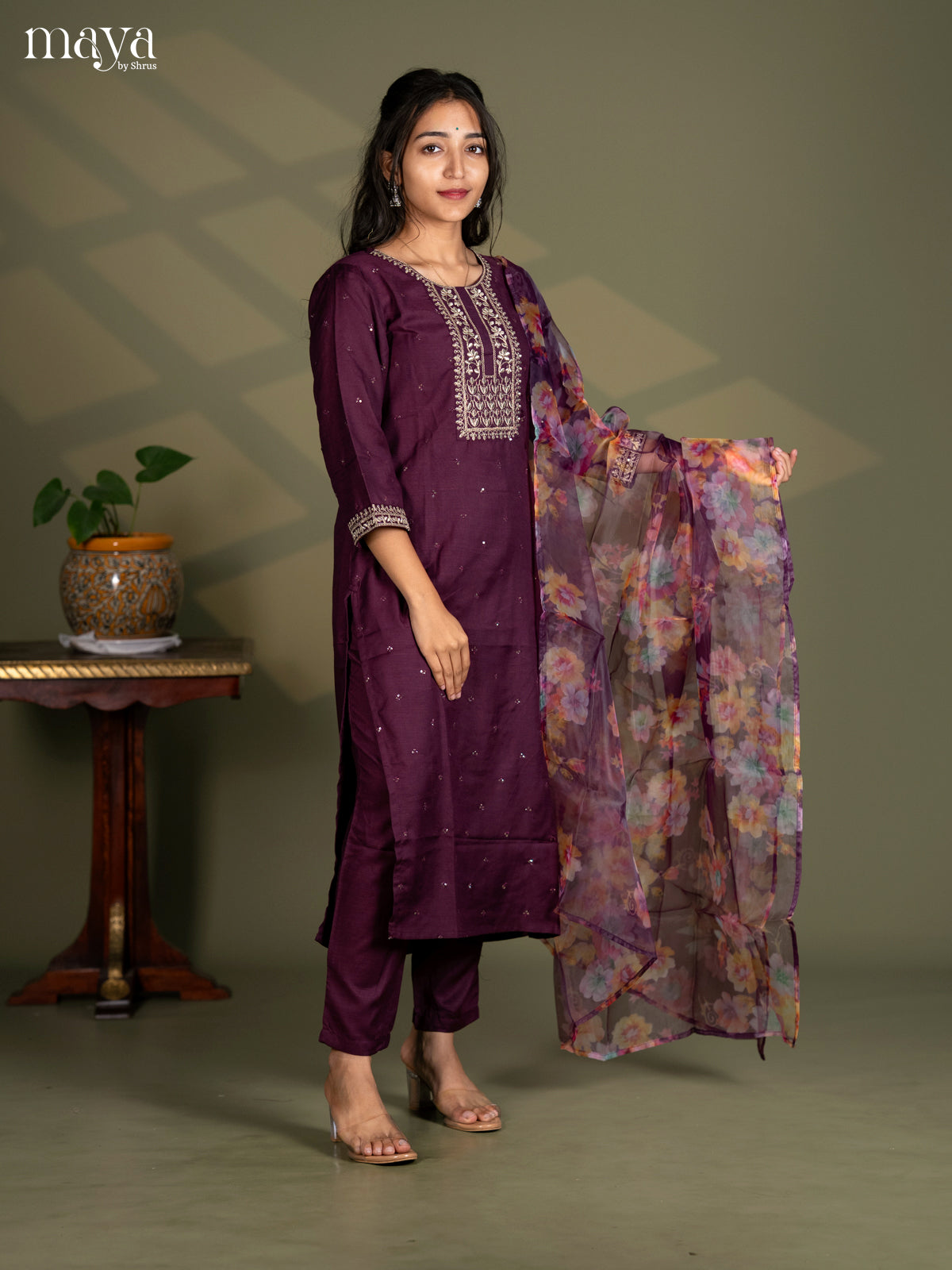 Maroon Slub Cotton 3pc Salwa Suit with Sequins Floral work - Top, Bottom & Dupatta