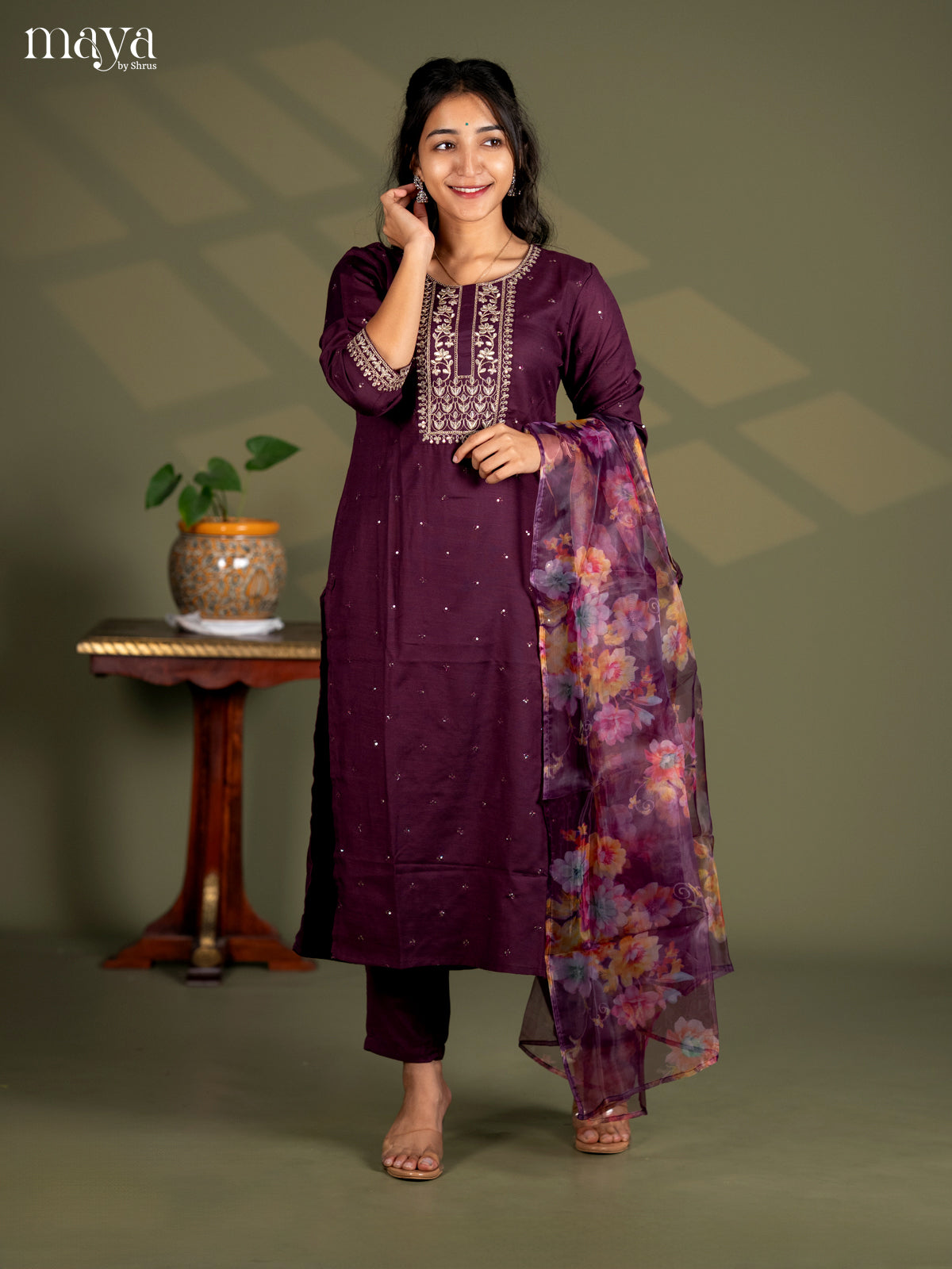 Maroon Slub Cotton 3pc Salwa Suit with Sequins Floral work - Top, Bottom & Dupatta
