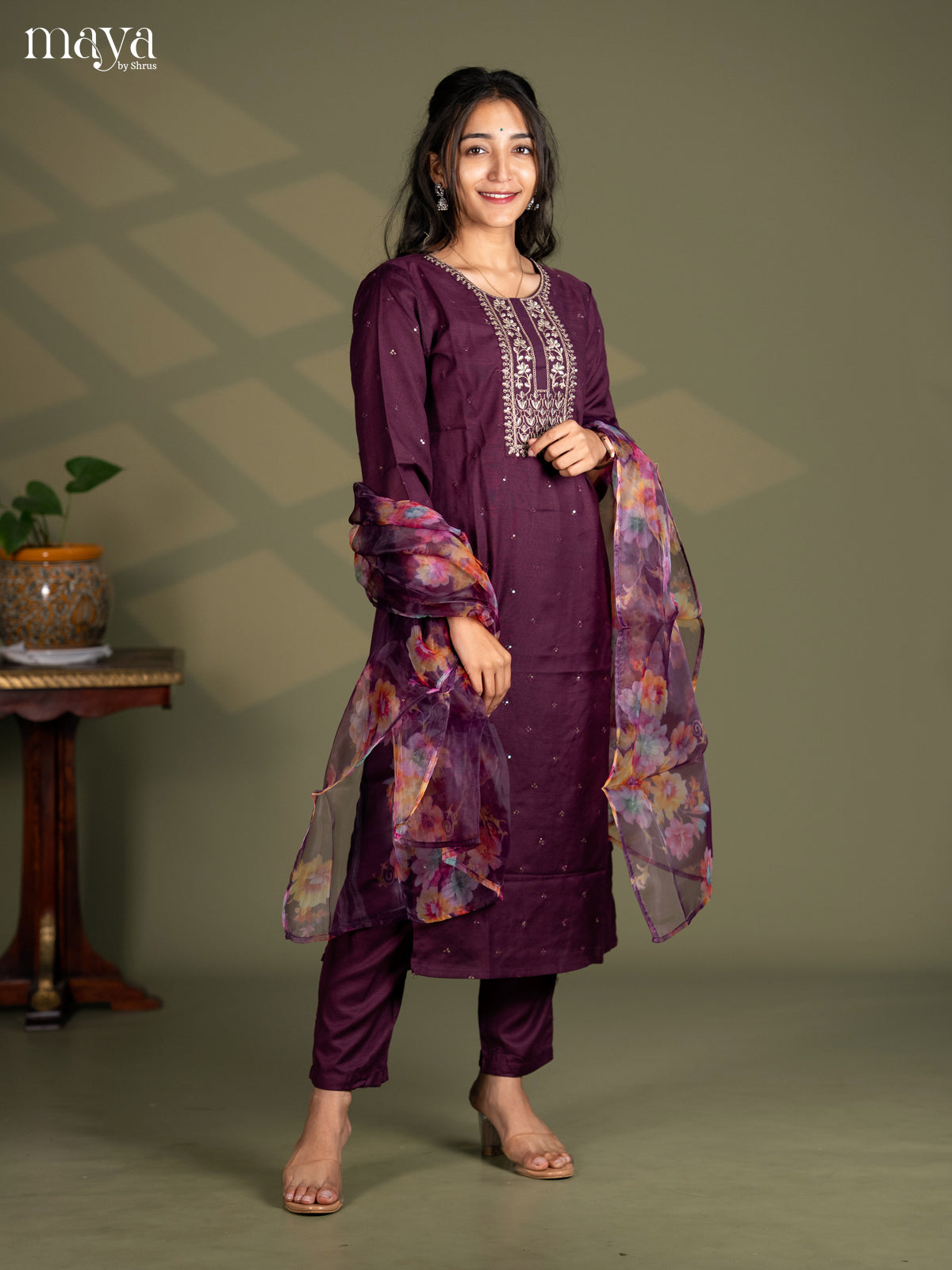 Maroon Slub Cotton 3pc Salwa Suit with Sequins Floral work - Top, Bottom & Dupatta