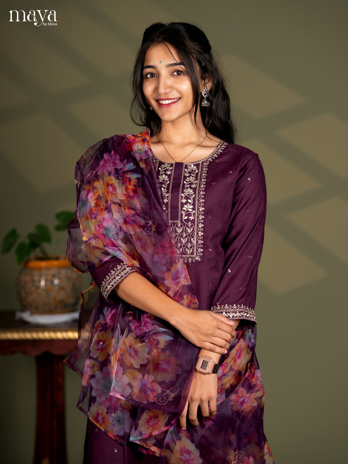 Maroon Slub Cotton 3pc Salwa Suit with Sequins Floral work - Top, Bottom & Dupatta