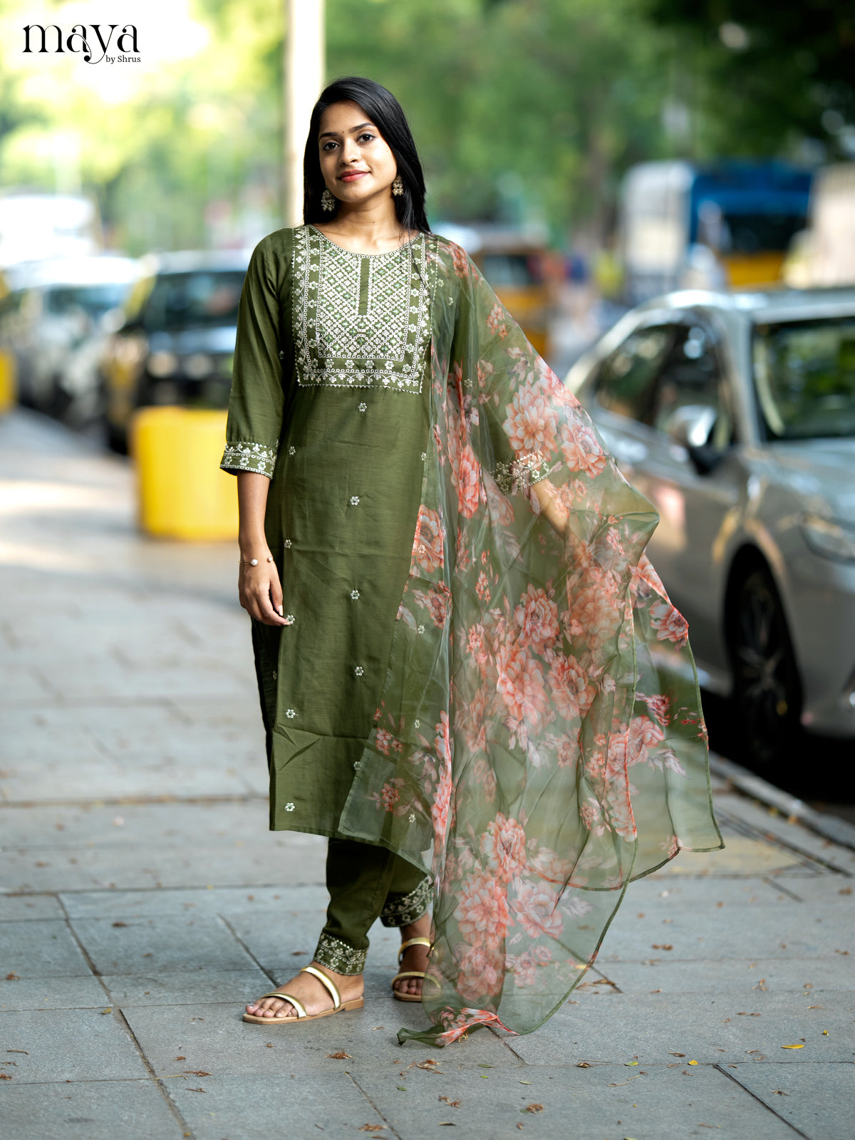 Olive Green Slub Cotton 3pc Salwar Suit with Sequins Floral work - Top, Bottom & Dupatta