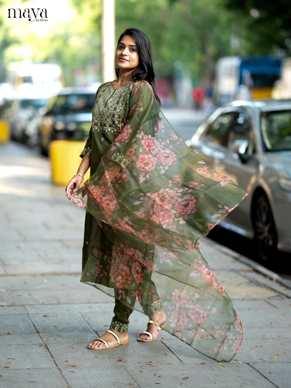 Olive Green Slub Cotton 3pc Salwar Suit with Sequins Floral work - Top, Bottom & Dupatta