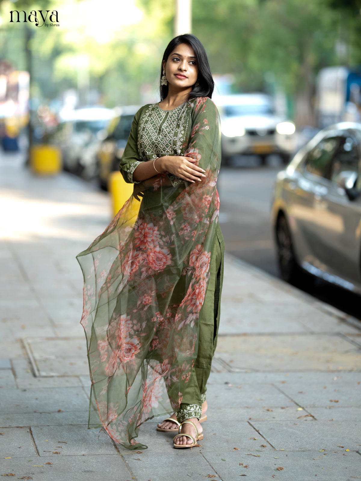Olive Green Slub Cotton 3pc Salwar Suit with Sequins Floral work - Top, Bottom & Dupatta