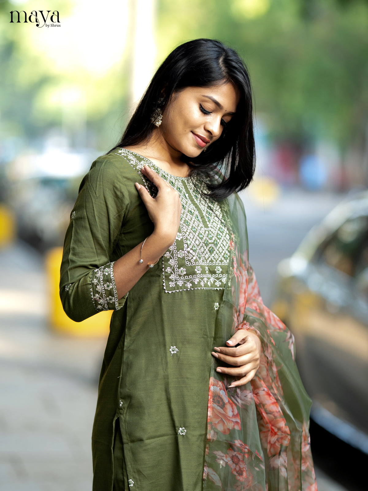 Olive Green Slub Cotton 3pc Salwar Suit with Sequins Floral work - Top, Bottom & Dupatta