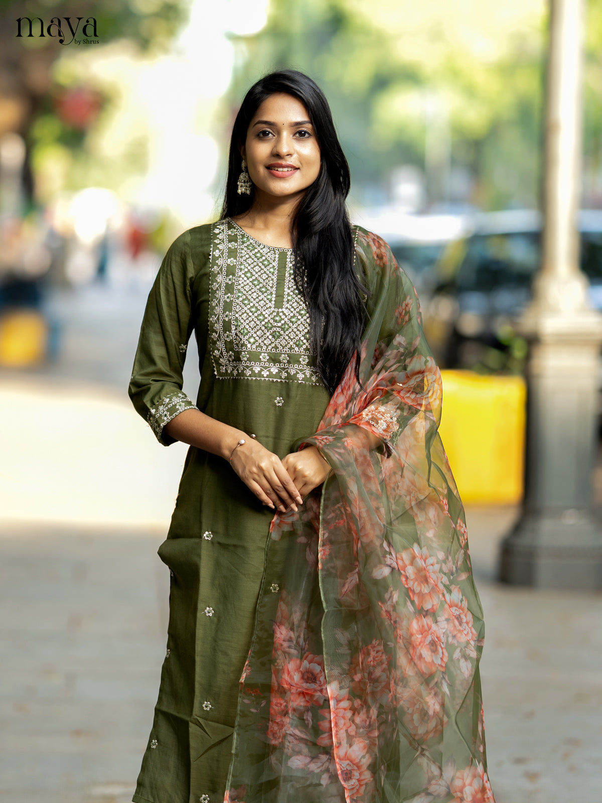 Olive Green Slub Cotton 3pc Salwar Suit with Sequins Floral work - Top, Bottom & Dupatta