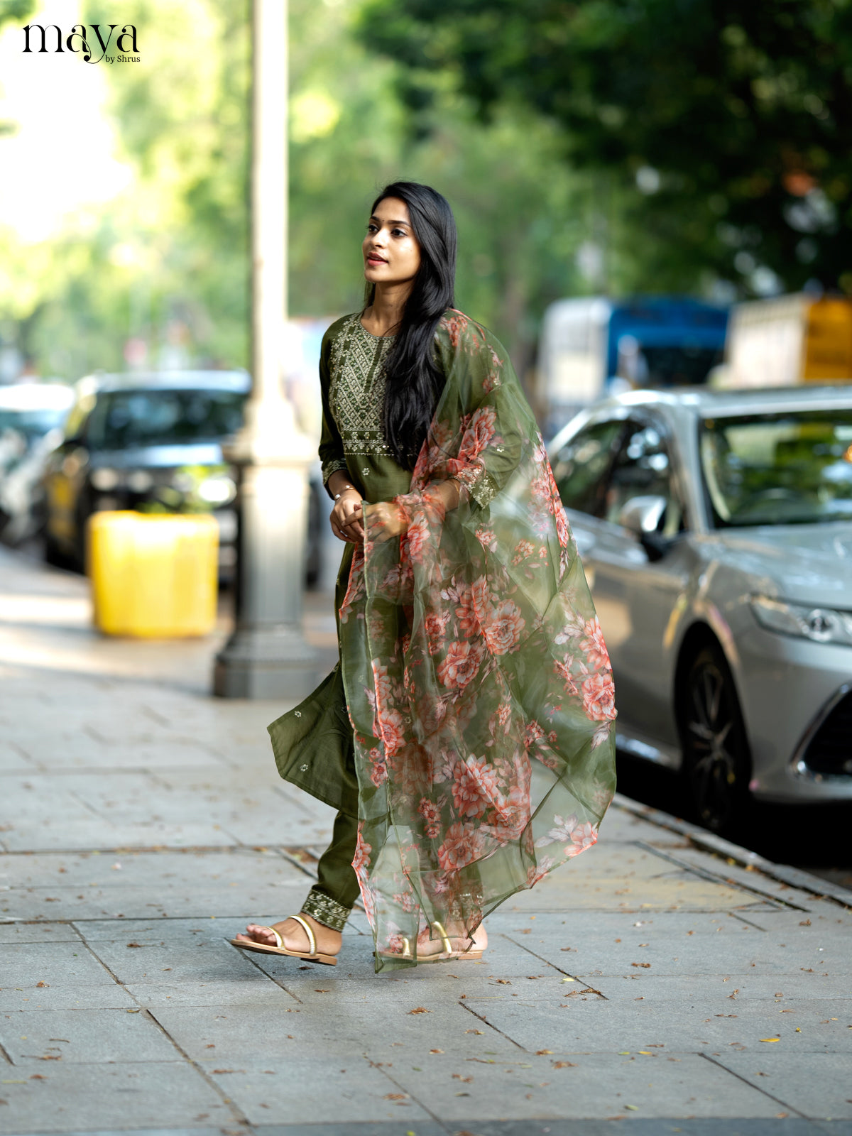 Olive Green Slub Cotton 3pc Salwar Suit with Sequins Floral work - Top, Bottom & Dupatta