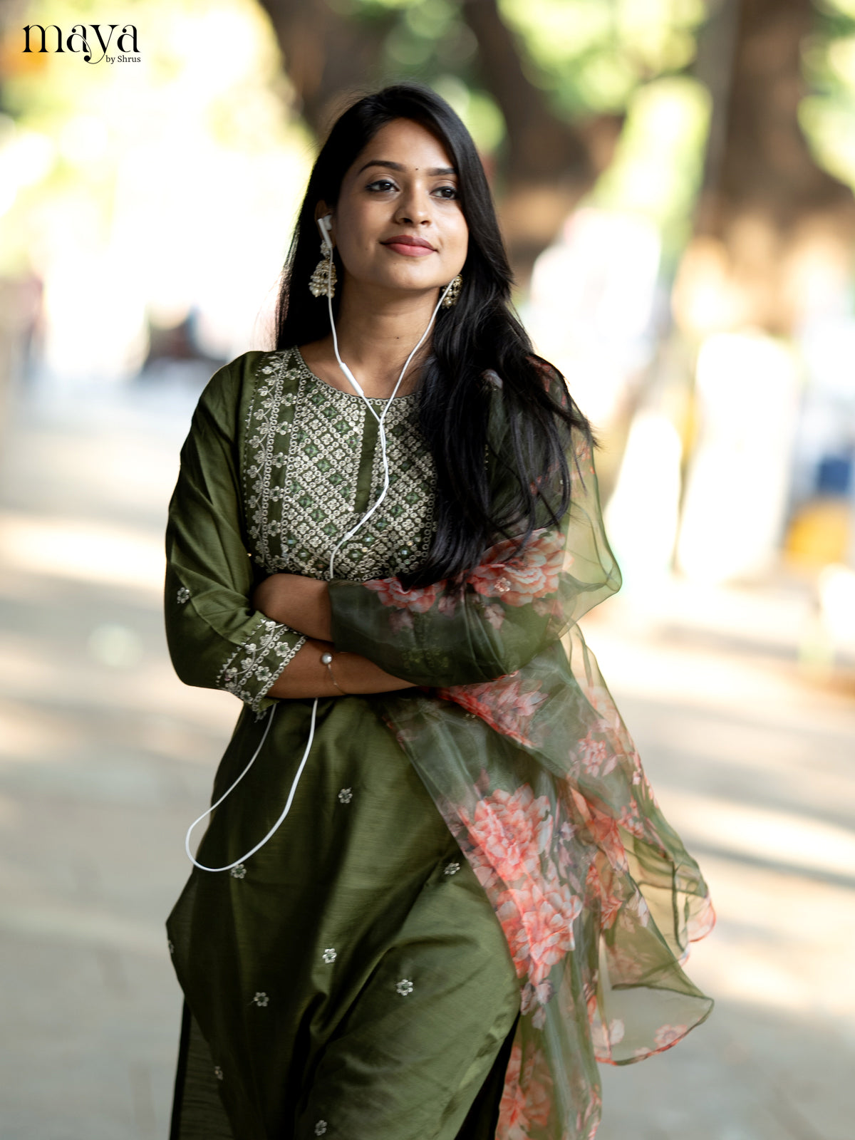 Olive Green Slub Cotton 3pc Salwar Suit with Sequins Floral work - Top, Bottom & Dupatta