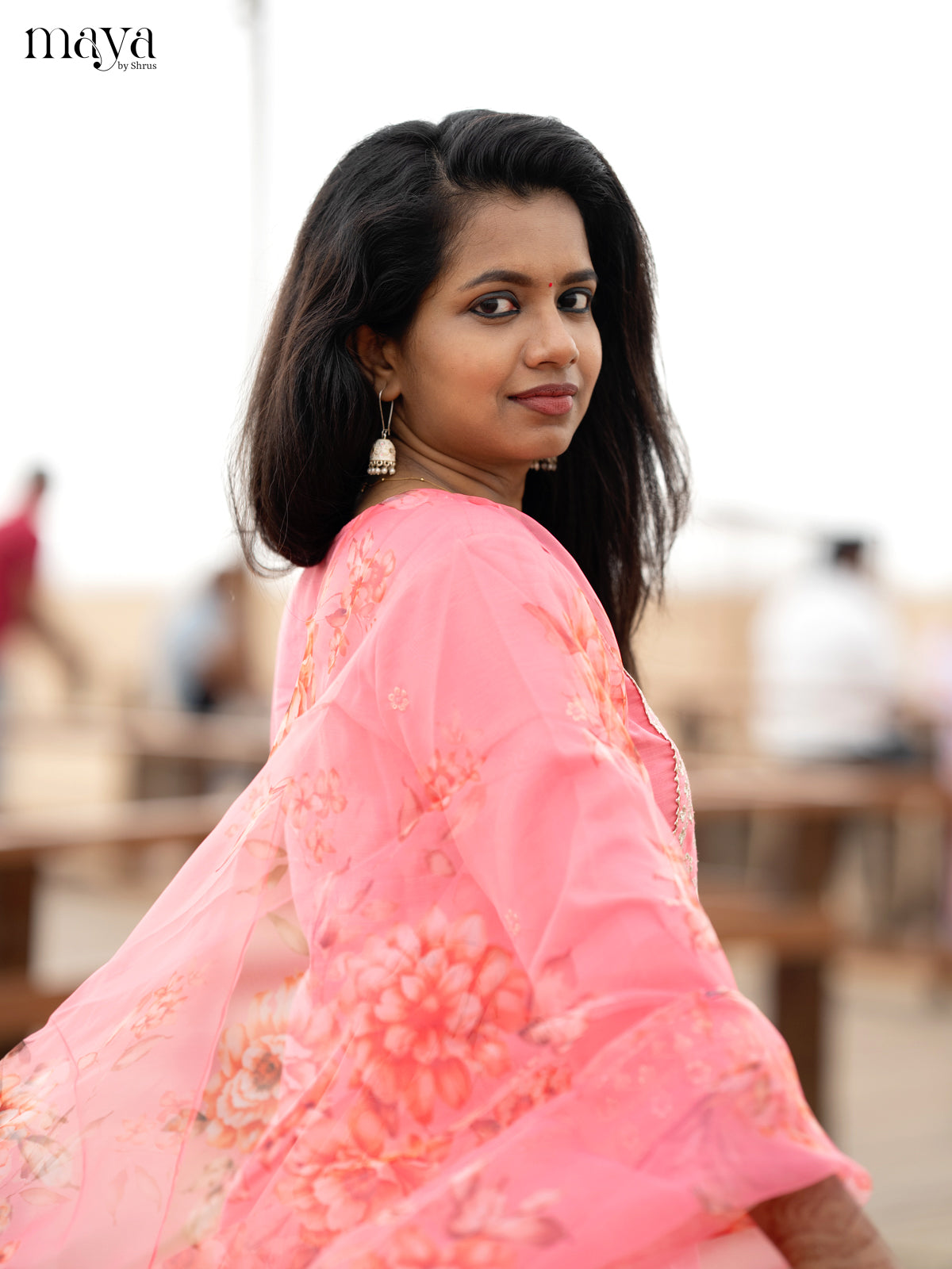 Peach pink Slub Cotton 3pc Salwar Suit with Sequins Floral work - Top, Bottom & Dupatta