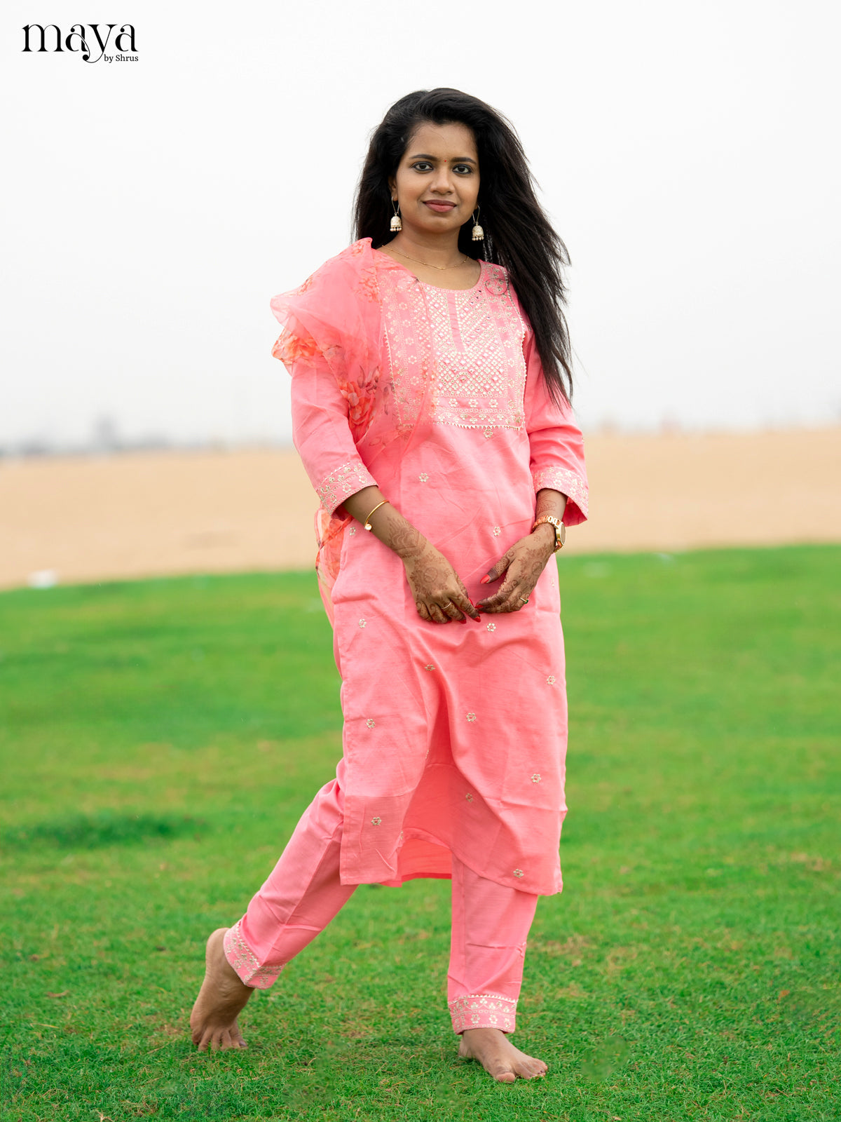 Peach pink Slub Cotton 3pc Salwar Suit with Sequins Floral work - Top, Bottom & Dupatta
