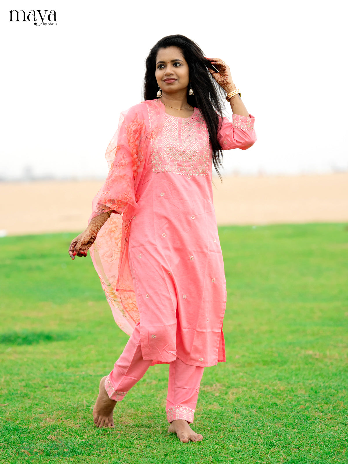 Peach pink Slub Cotton 3pc Salwar Suit with Sequins Floral work - Top, Bottom & Dupatta