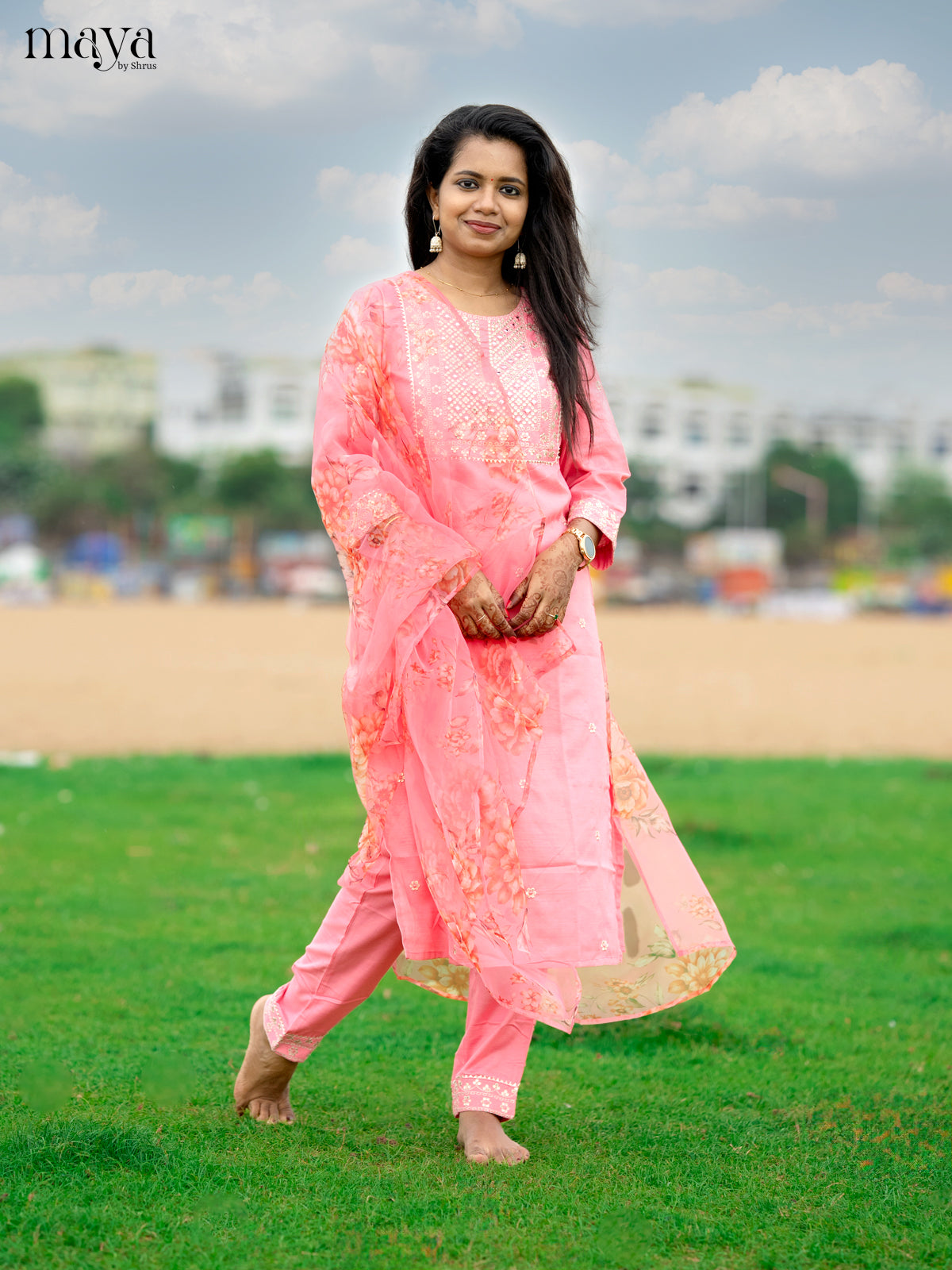 Peach pink Slub Cotton 3pc Salwar Suit with Sequins Floral work - Top, Bottom & Dupatta