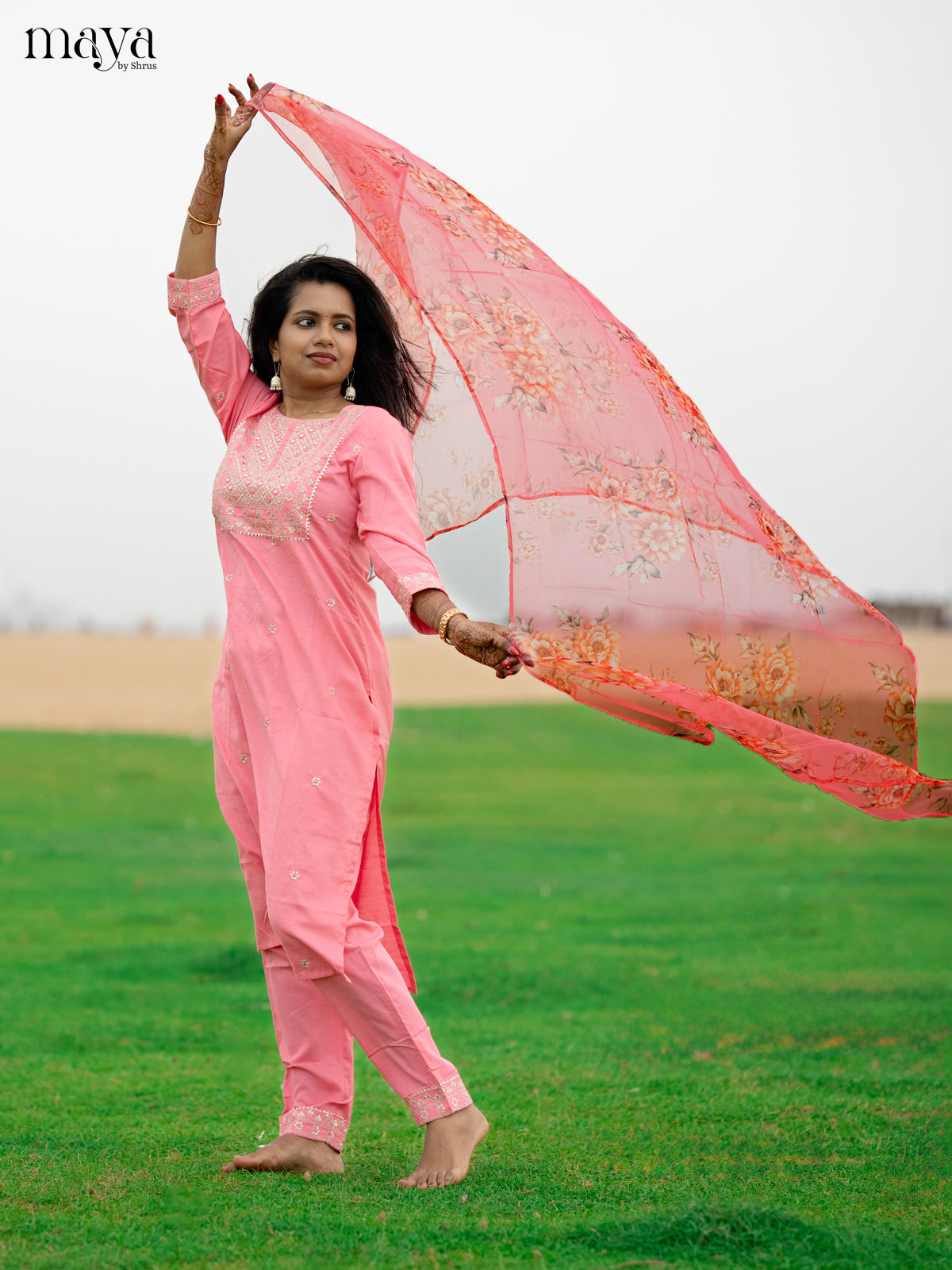 Peach pink Slub Cotton 3pc Salwar Suit with Sequins Floral work - Top, Bottom & Dupatta