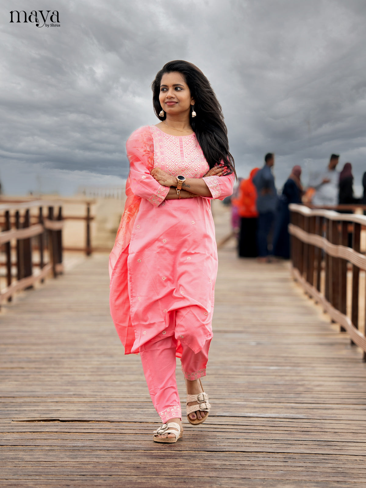 Peach pink Slub Cotton 3pc Salwar Suit with Sequins Floral work - Top, Bottom & Dupatta