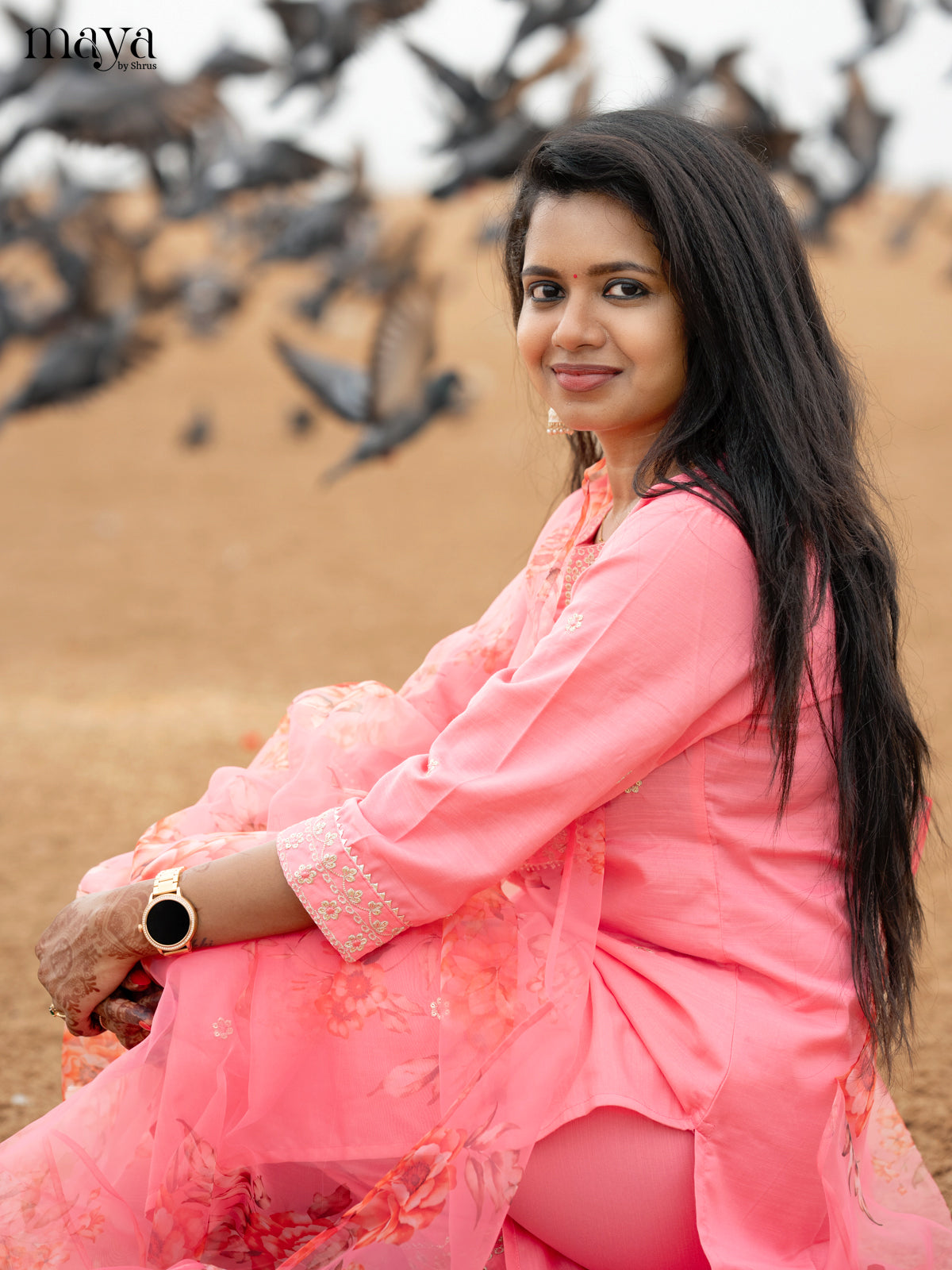 Peach pink Slub Cotton 3pc Salwar Suit with Sequins Floral work - Top, Bottom & Dupatta