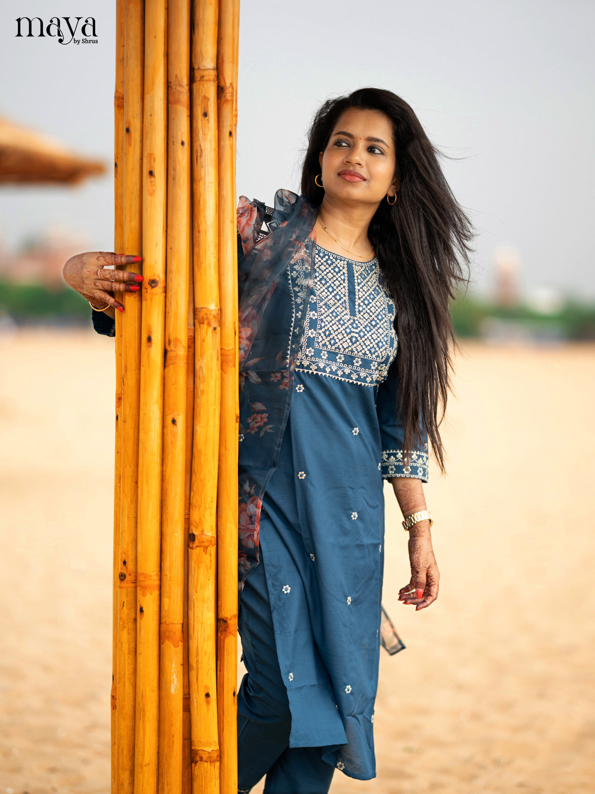 Peacock Blue Slub Cotton 3pc Salwar Suit with sequins Floral work - Top, Bottom & Dupatta