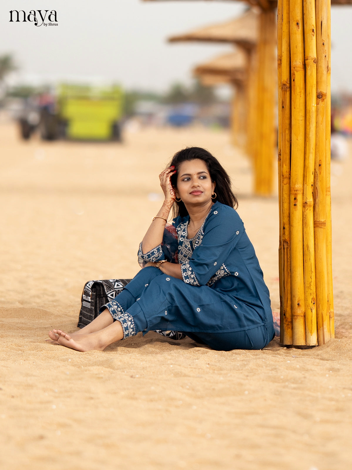 Peacock Blue Slub Cotton 3pc Salwar Suit with sequins Floral work - Top, Bottom & Dupatta