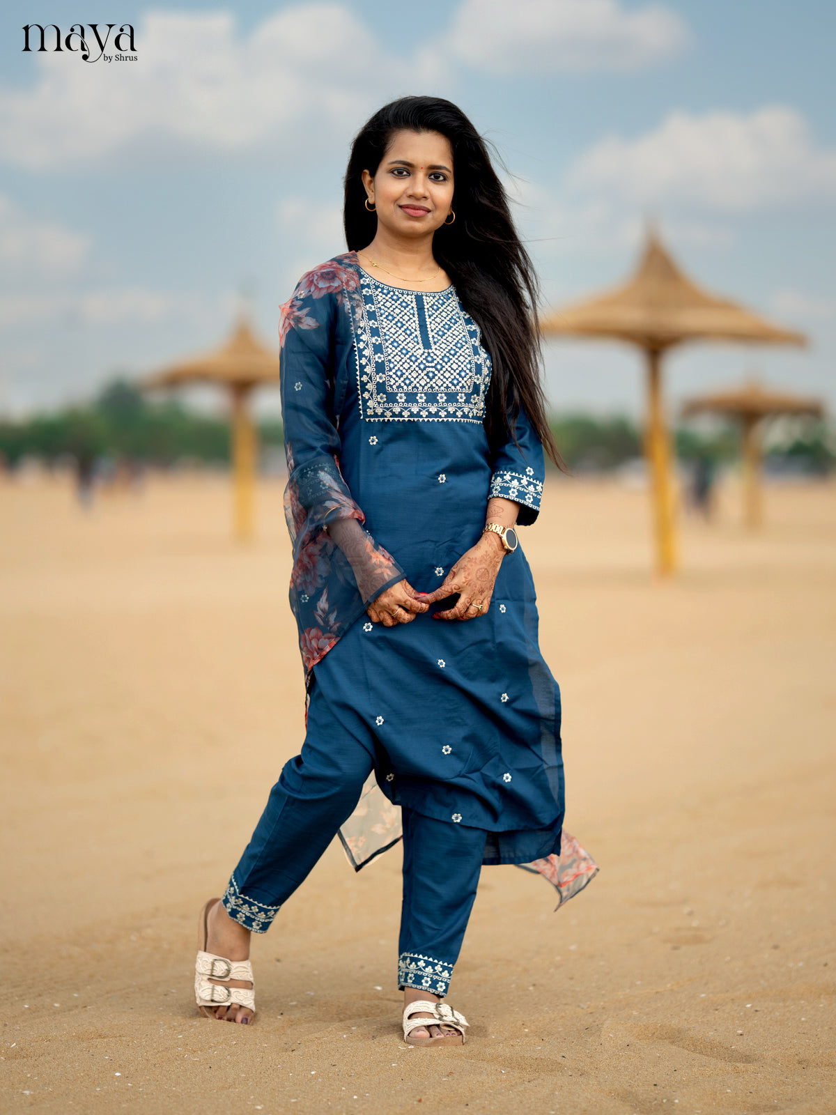 Peacock Blue Slub Cotton 3pc Salwar Suit with sequins Floral work - Top, Bottom & Dupatta