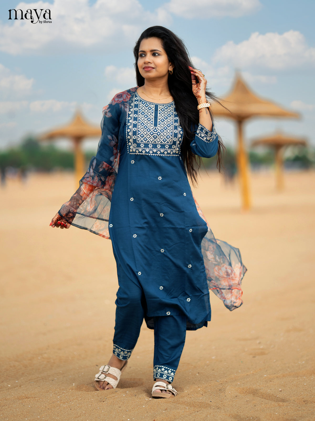 Peacock Blue Slub Cotton 3pc Salwar Suit with sequins Floral work - Top, Bottom & Dupatta