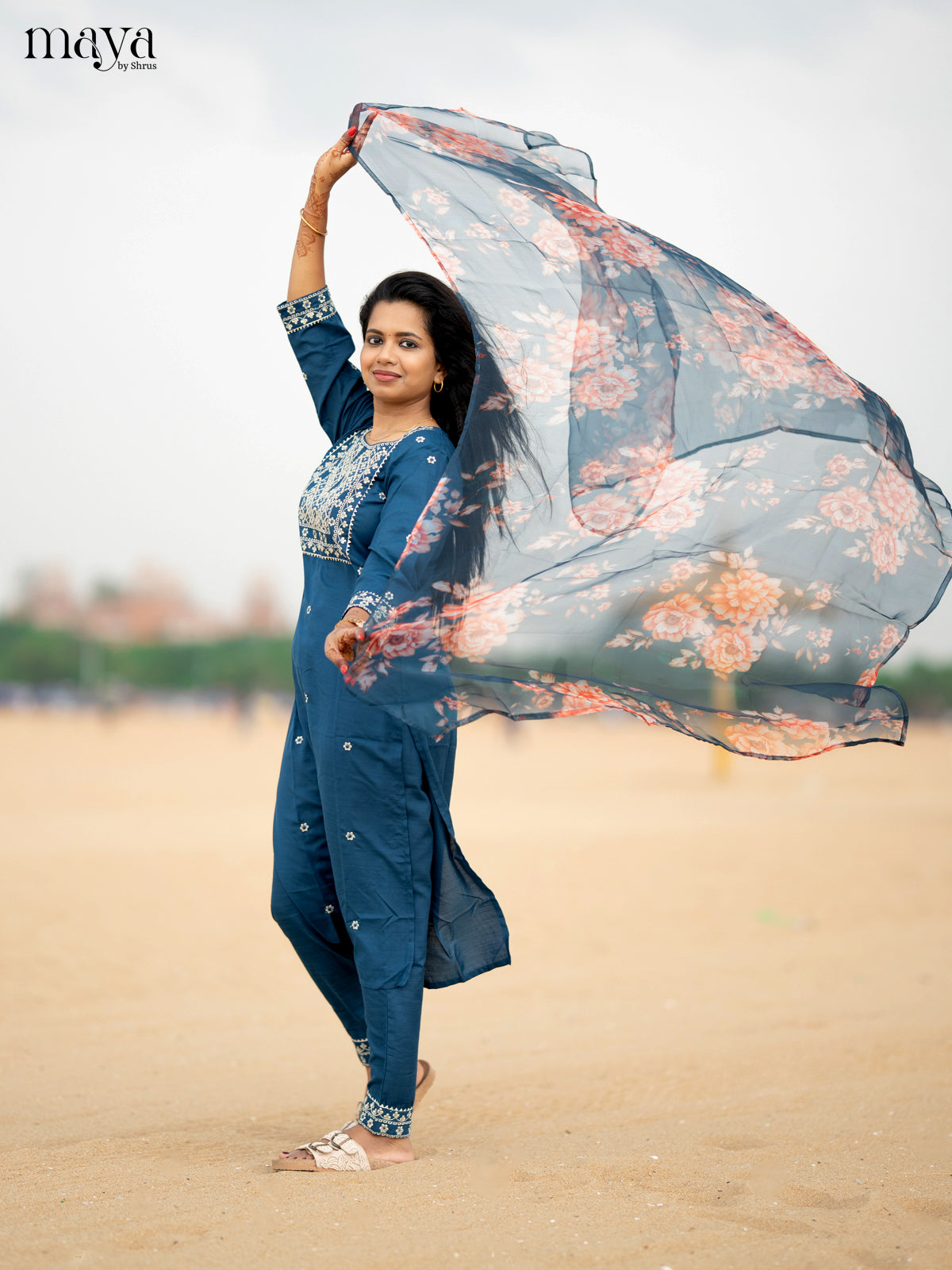 Peacock Blue Slub Cotton 3pc Salwar Suit with sequins Floral work - Top, Bottom & Dupatta