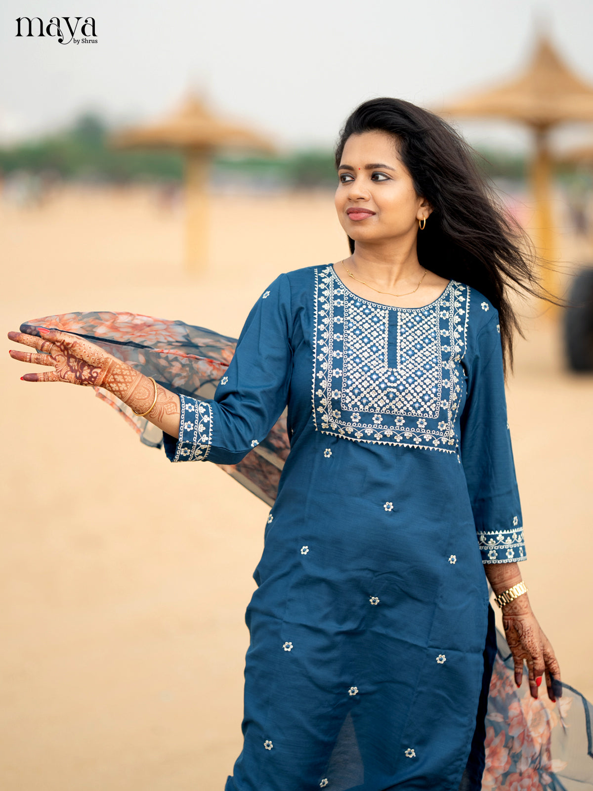 Peacock Blue Slub Cotton 3pc Salwar Suit with sequins Floral work - Top, Bottom & Dupatta
