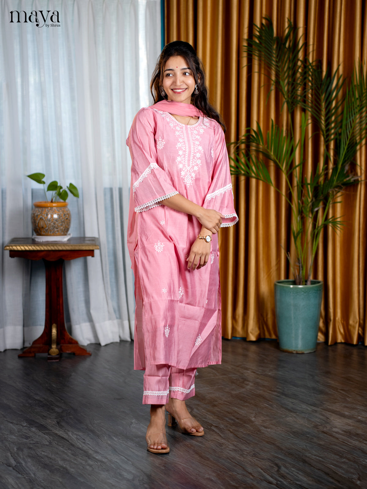 Embroidered Rayon 3pc peach Green Salwar Suit - Top, Bottom & Dupatta