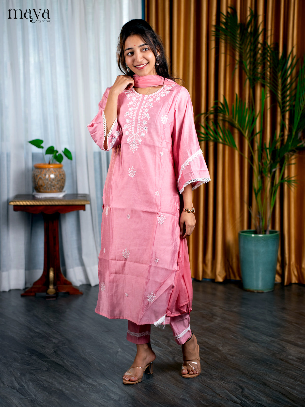 Embroidered Rayon 3pc peach Green Salwar Suit - Top, Bottom & Dupatta