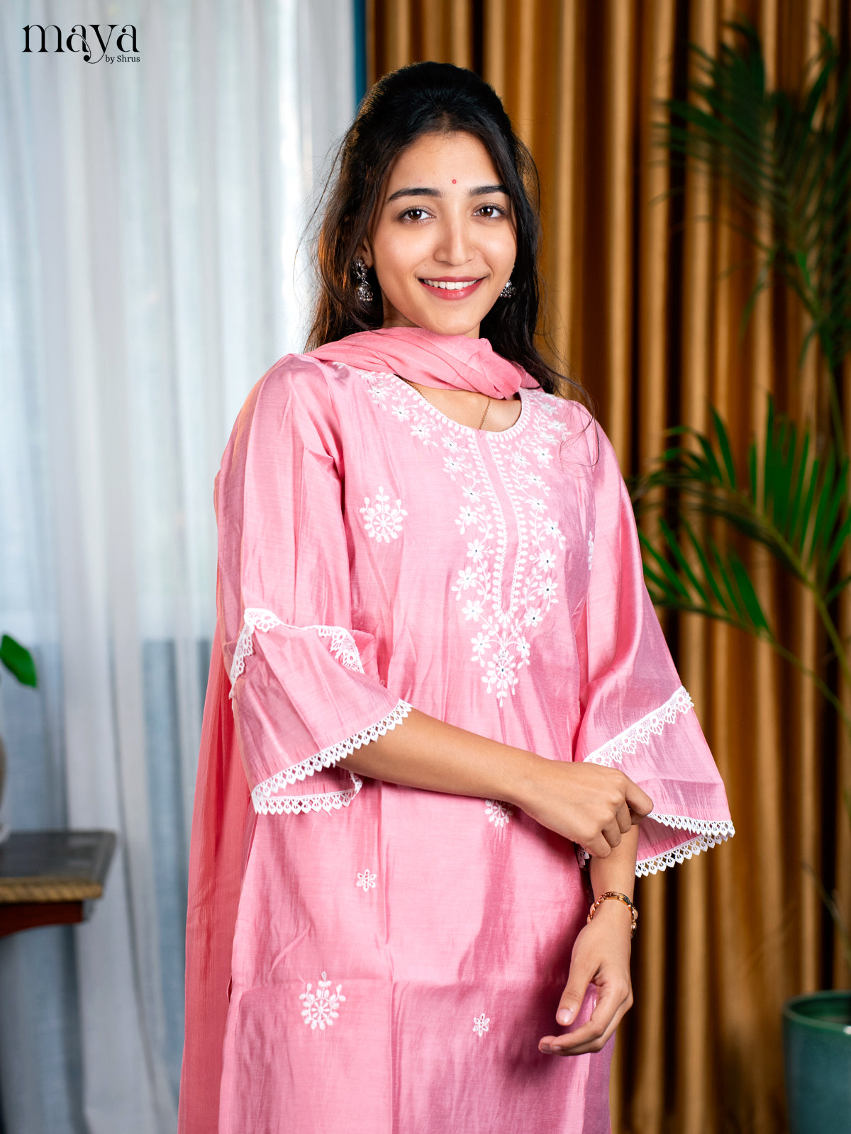 Embroidered Rayon 3pc peach Green Salwar Suit - Top, Bottom & Dupatta