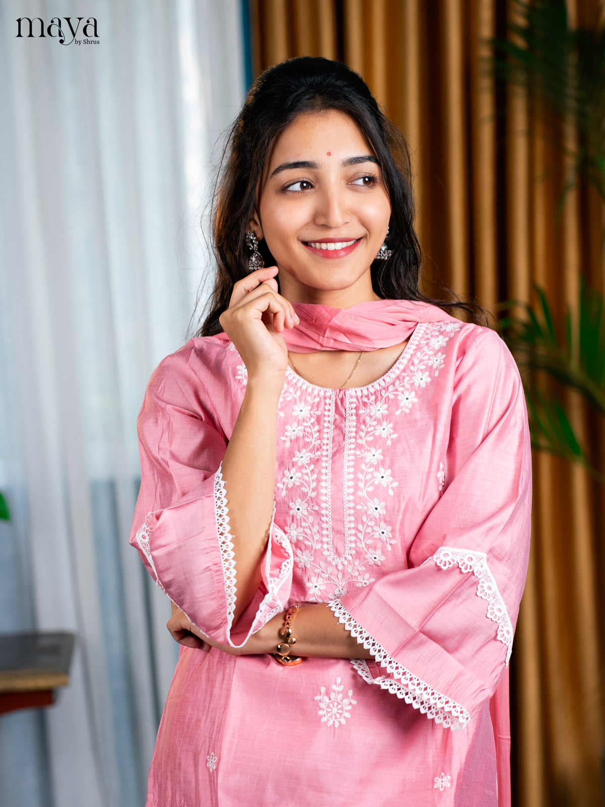 Embroidered Rayon 3pc peach Green Salwar Suit - Top, Bottom & Dupatta