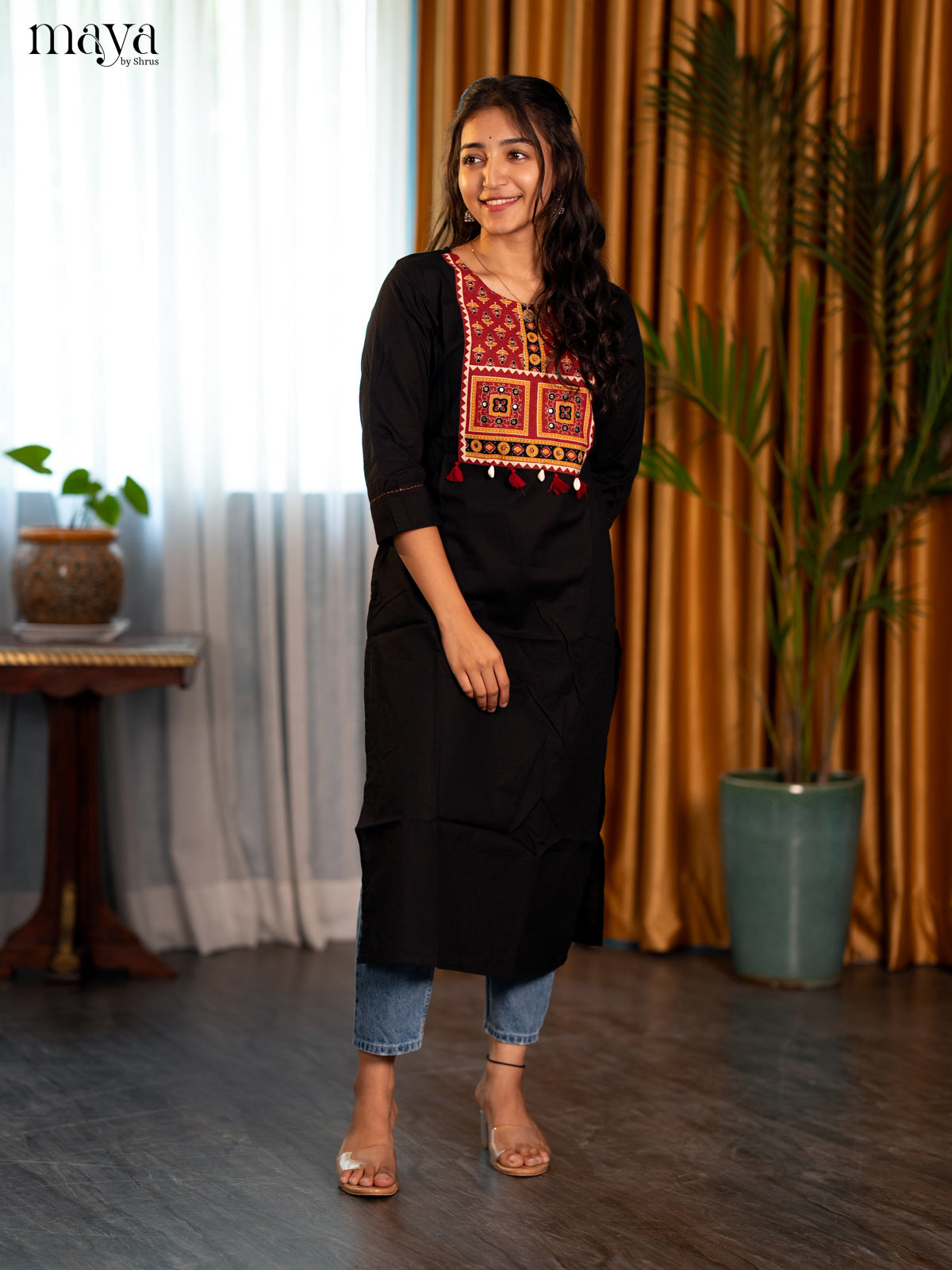 Black Ajrakh Printed Cotton Straight Kurti