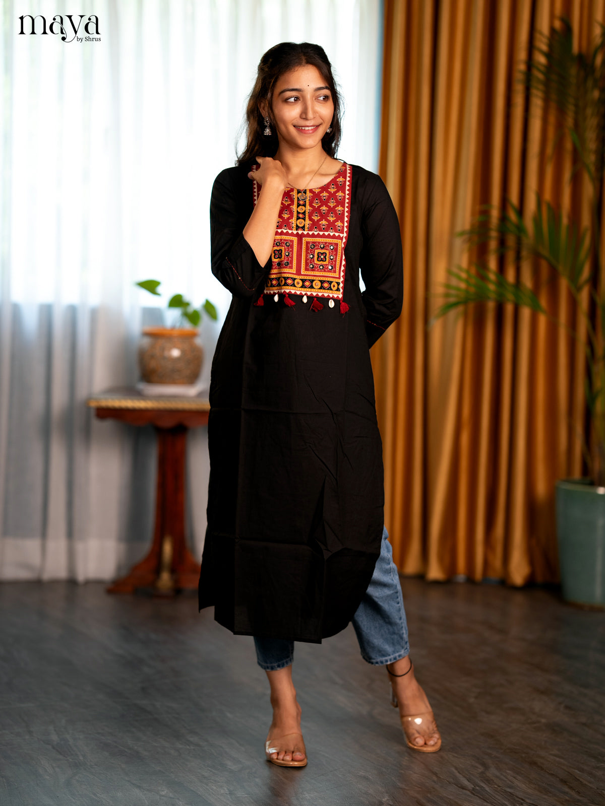 Black Ajrakh Printed Cotton Straight Kurti