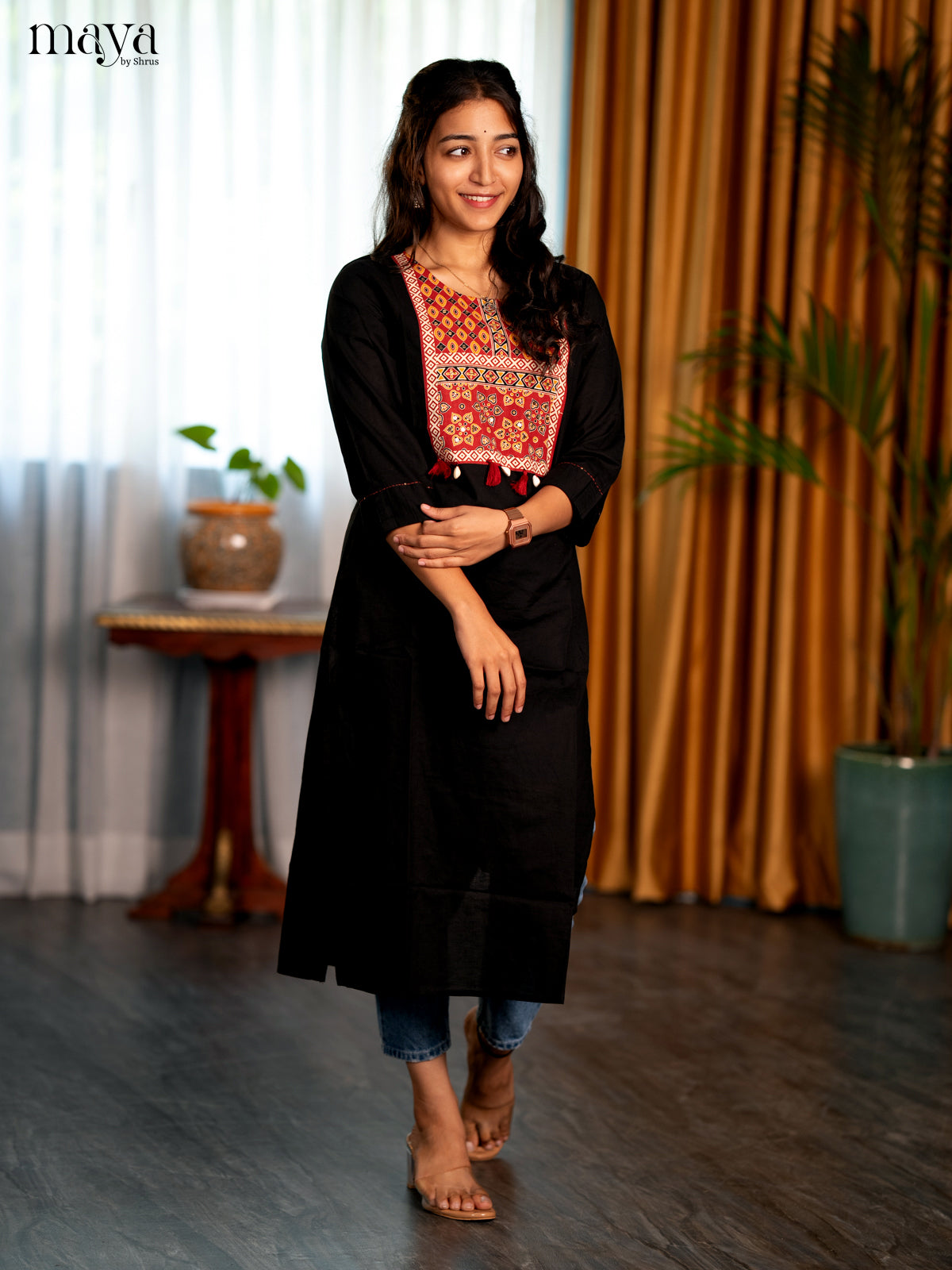 Black Ajrakh Printed Cotton Straight Kurti