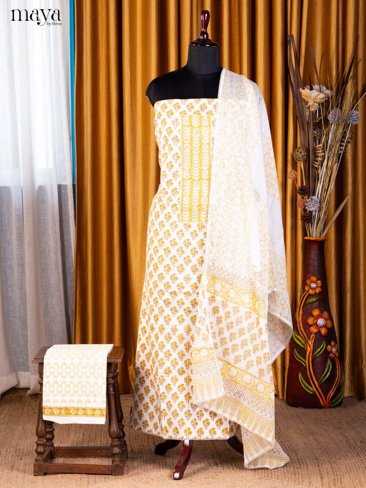 Cream & Yellow- Cotton salwar