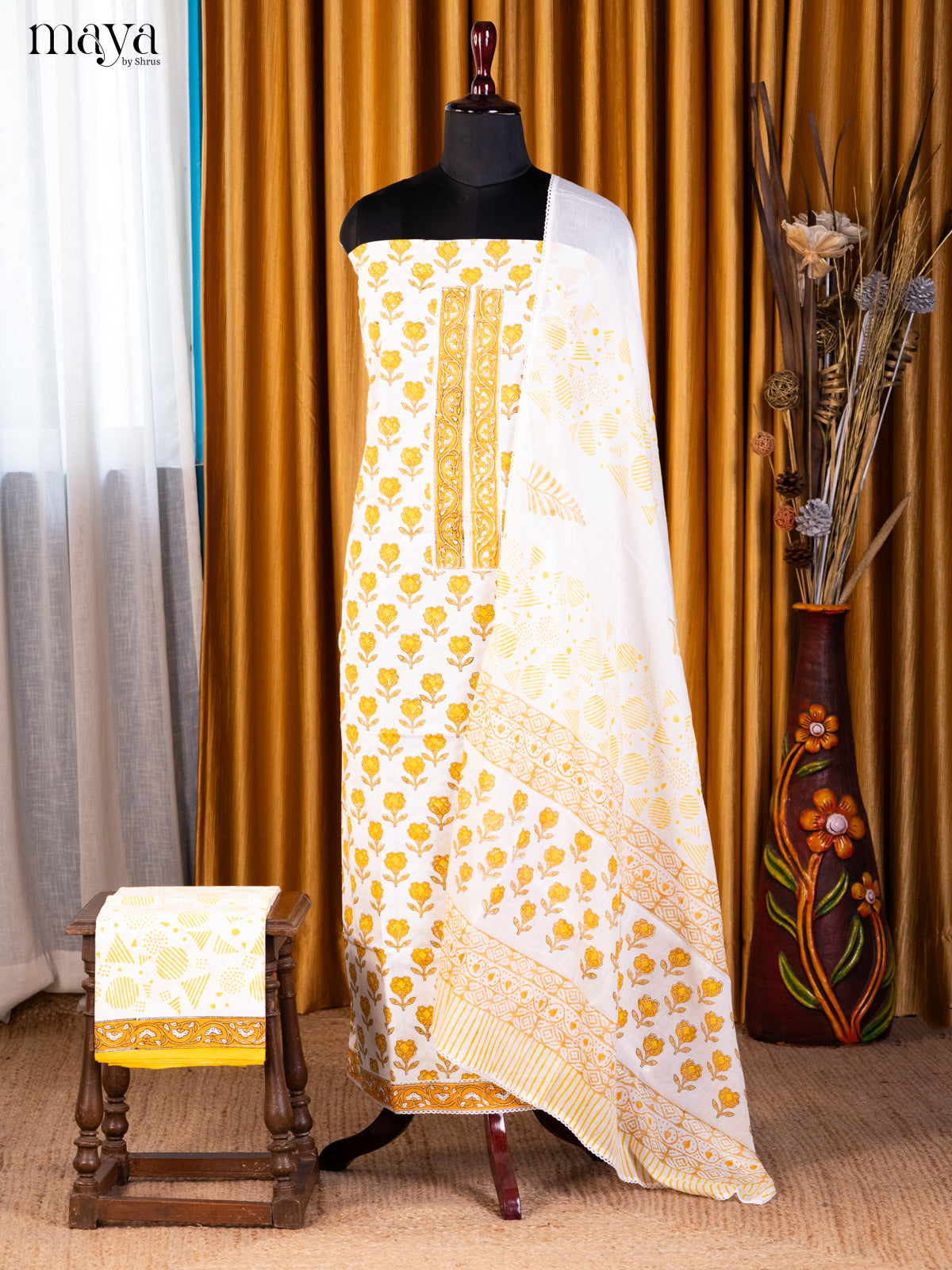 Cream & Yellow- Cotton salwar
