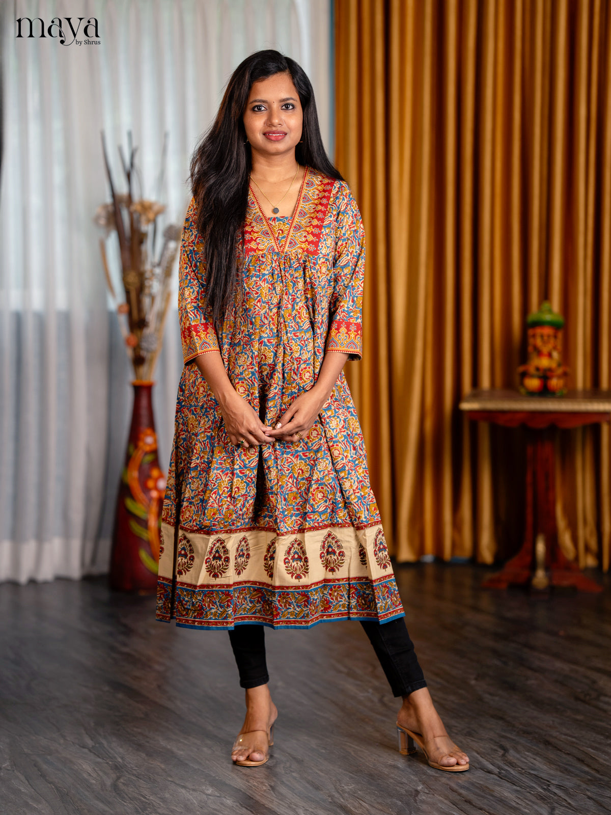 Peacock Blue with Mustrad Floral Printed Cotton Anarkali Kurti