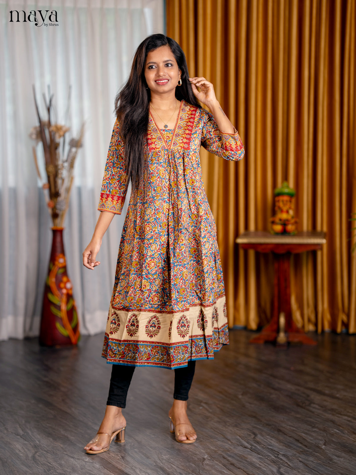Peacock Blue with Mustrad Floral Printed Cotton Anarkali Kurti