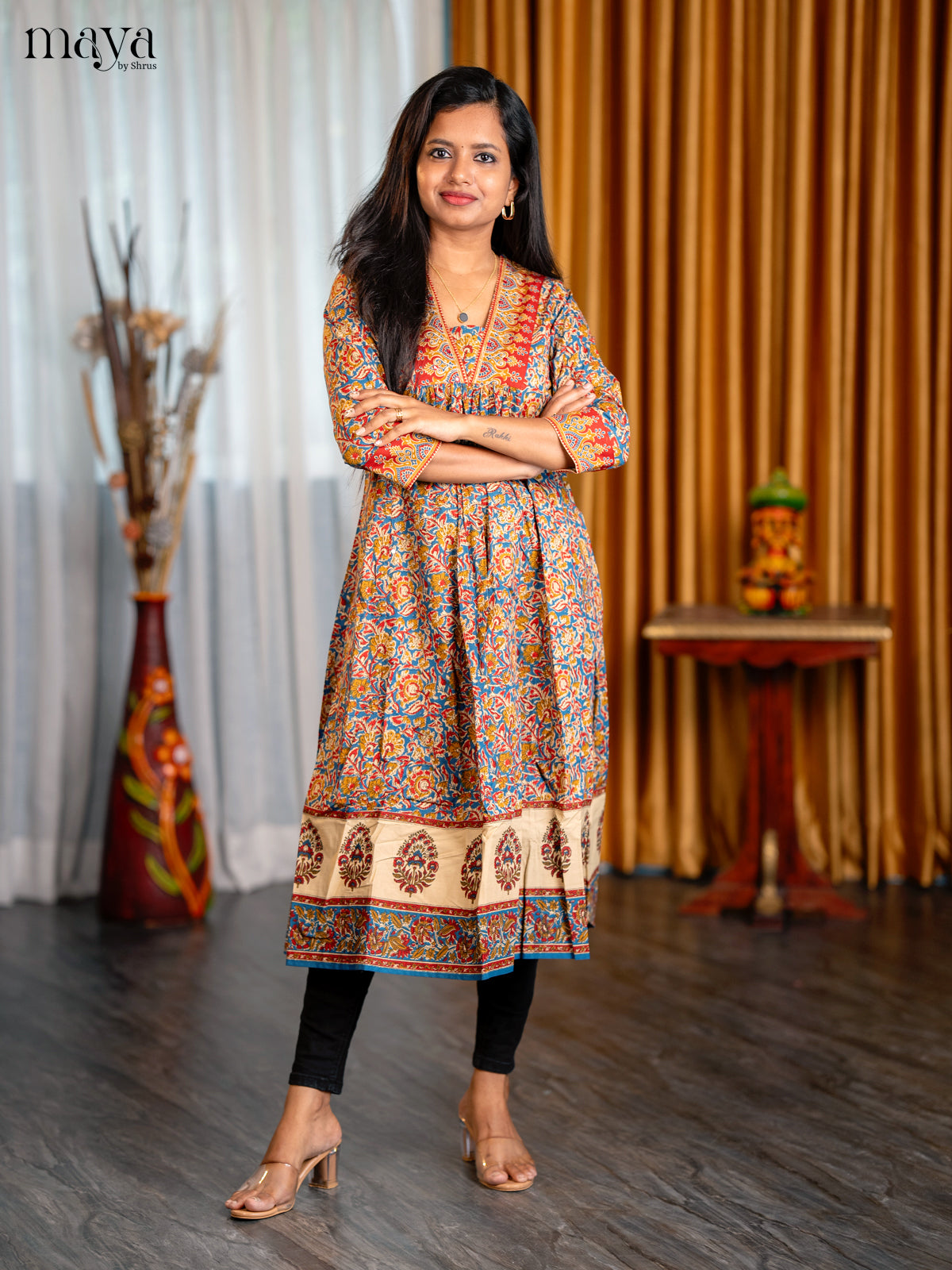 Peacock Blue with Mustrad Floral Printed Cotton Anarkali Kurti