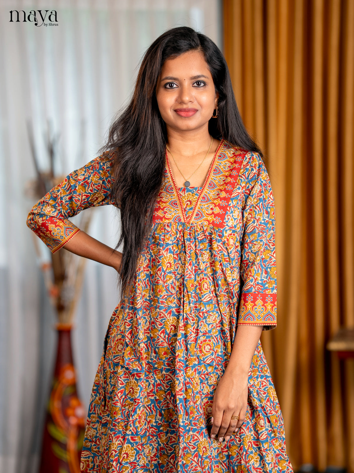 Peacock Blue with Mustrad Floral Printed Cotton Anarkali Kurti