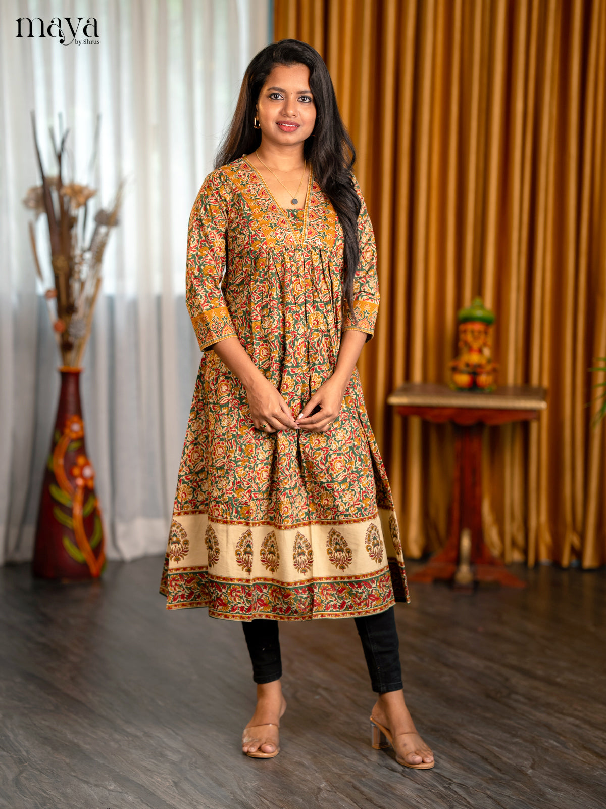Maroon with Green Floral Printed Cotton Anarkali Kurti