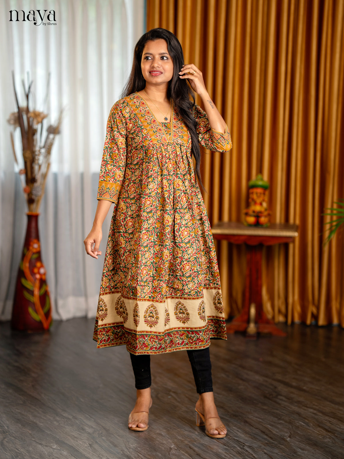 Maroon with Green Floral Printed Cotton Anarkali Kurti