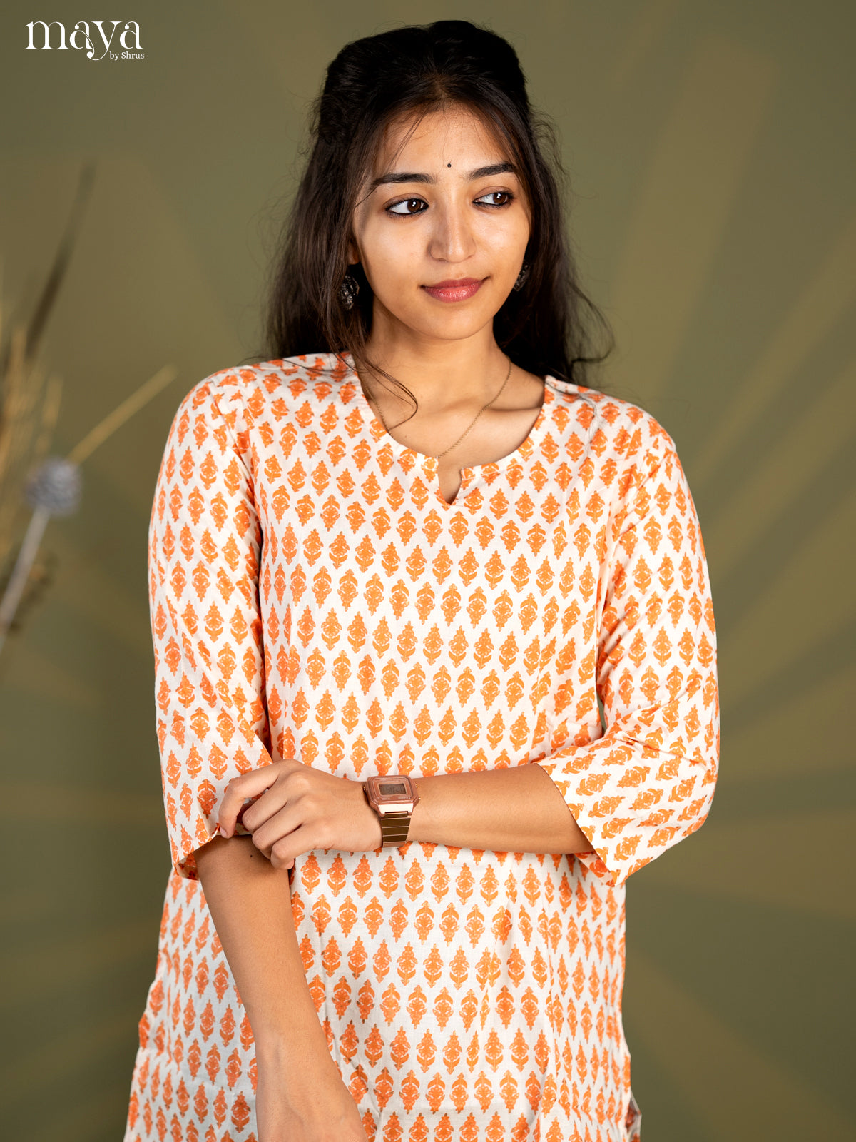 Cream with Orange Floral Printed Cotton Straight Short Kurta
