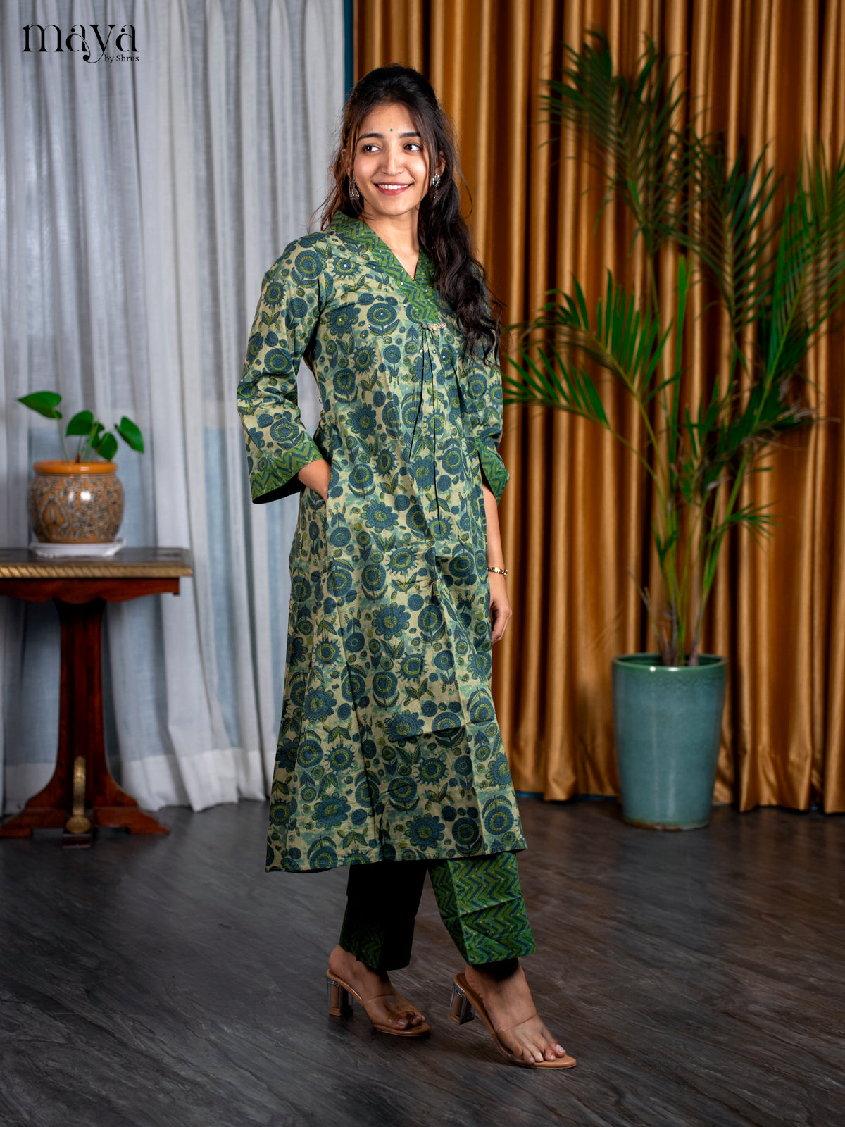 Peacock blue with Pastel Green Cotton 2pc Floral Print Salwar Suit - Top & Bottom
