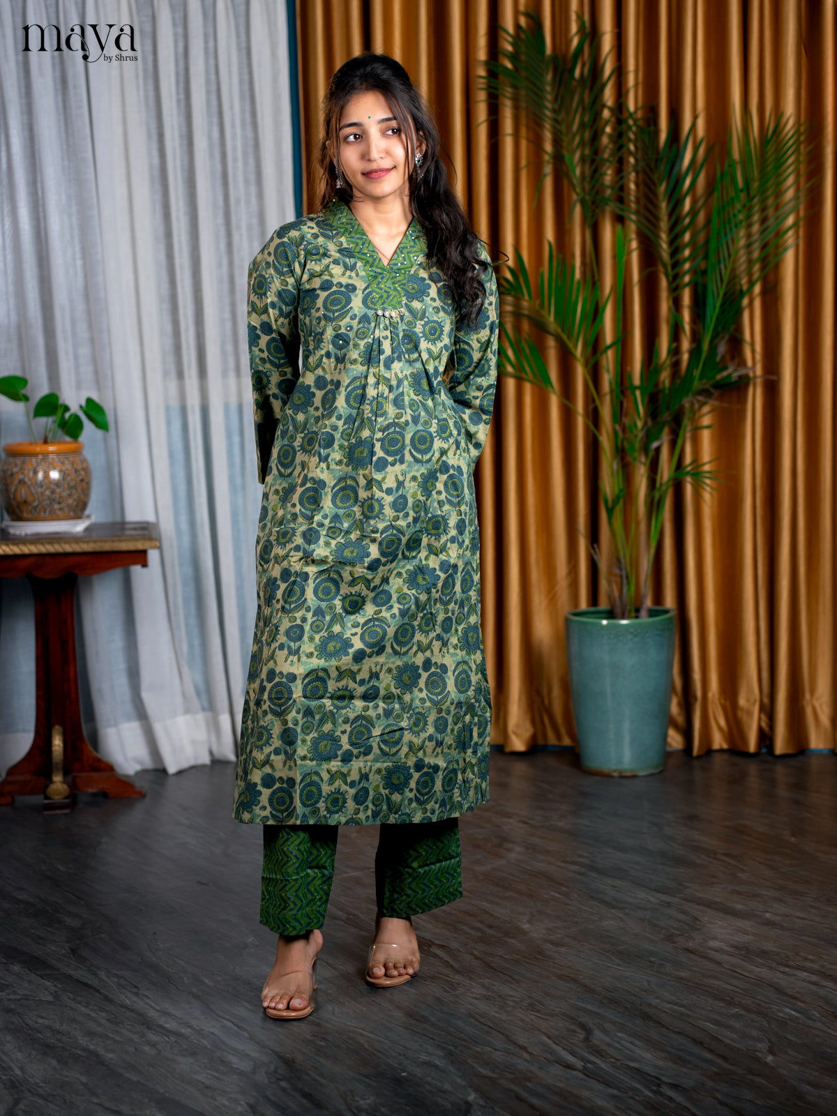 Peacock blue with Pastel Green Cotton 2pc Floral Print Salwar Suit - Top & Bottom