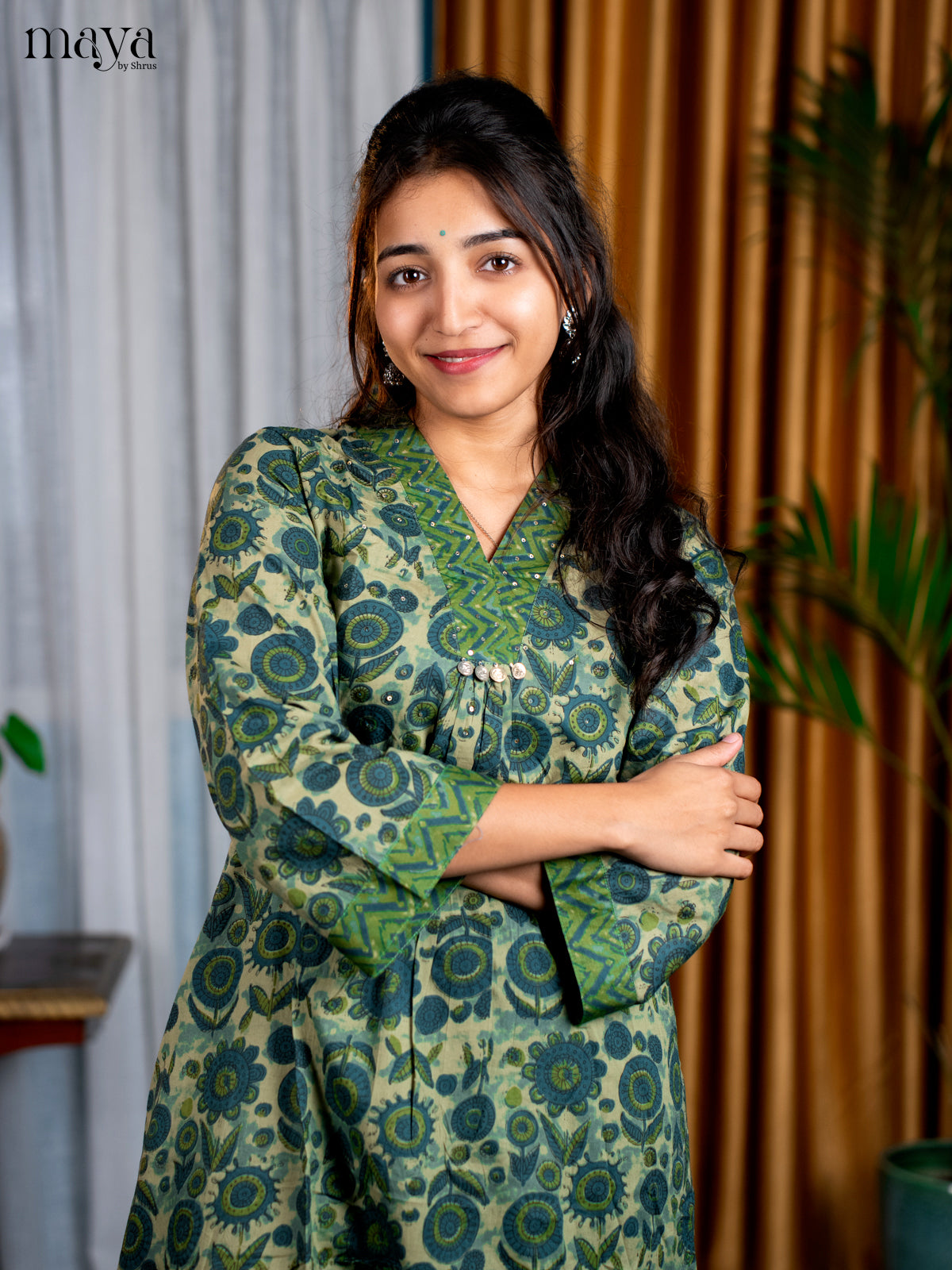 Peacock blue with Pastel Green Cotton 2pc Floral Print Salwar Suit - Top & Bottom