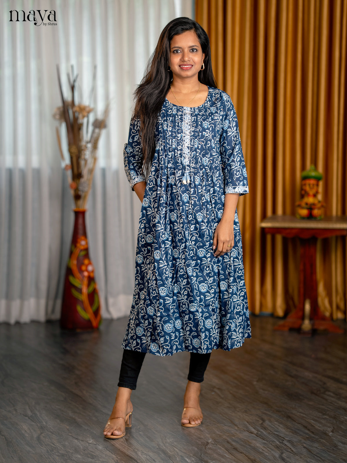 Indigo Blue Floral Printed Cotton Anarkali Kurti